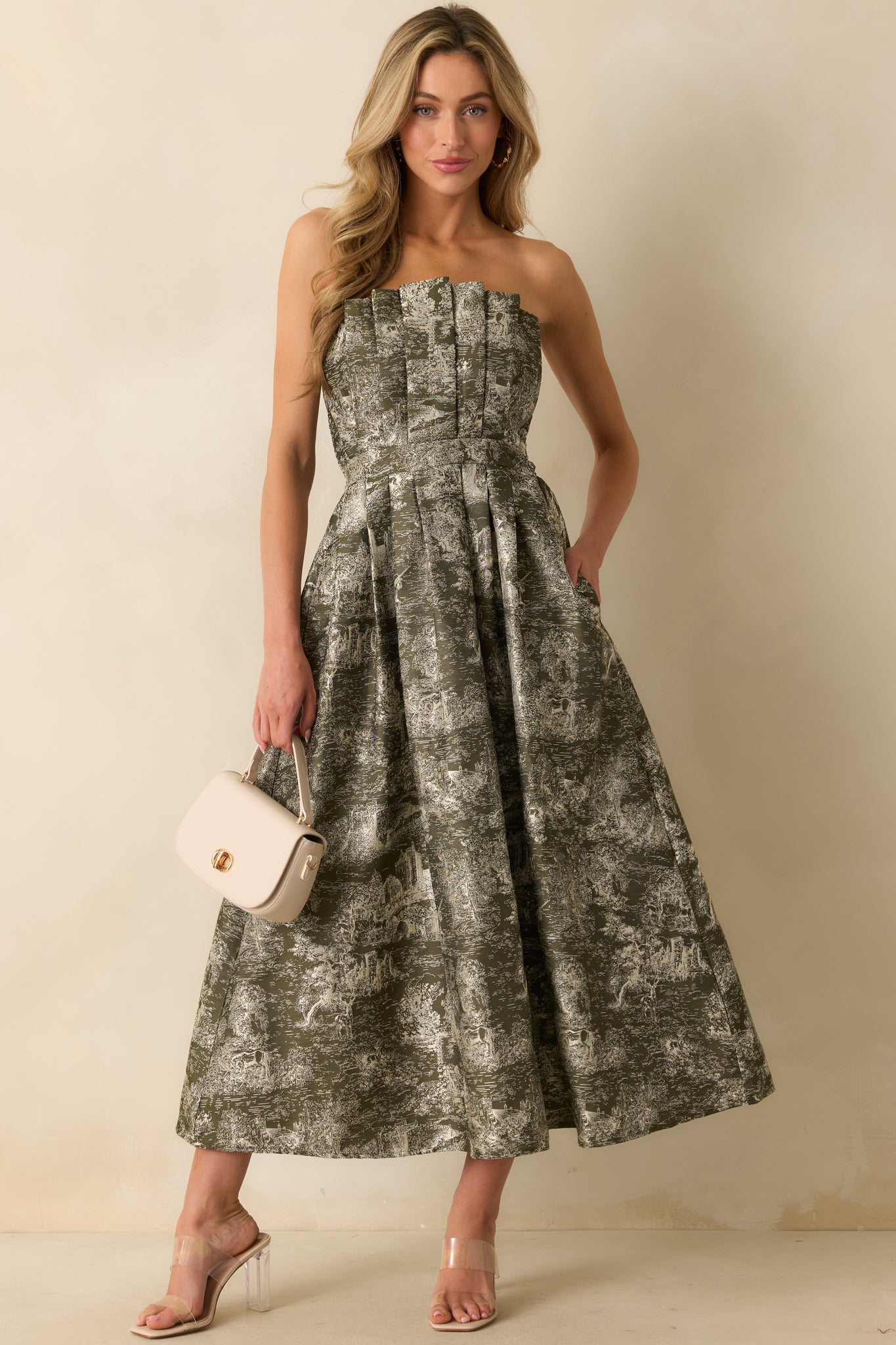 The Genevieve Olive Storybook Toile Jacquard Strapless Midi Dress