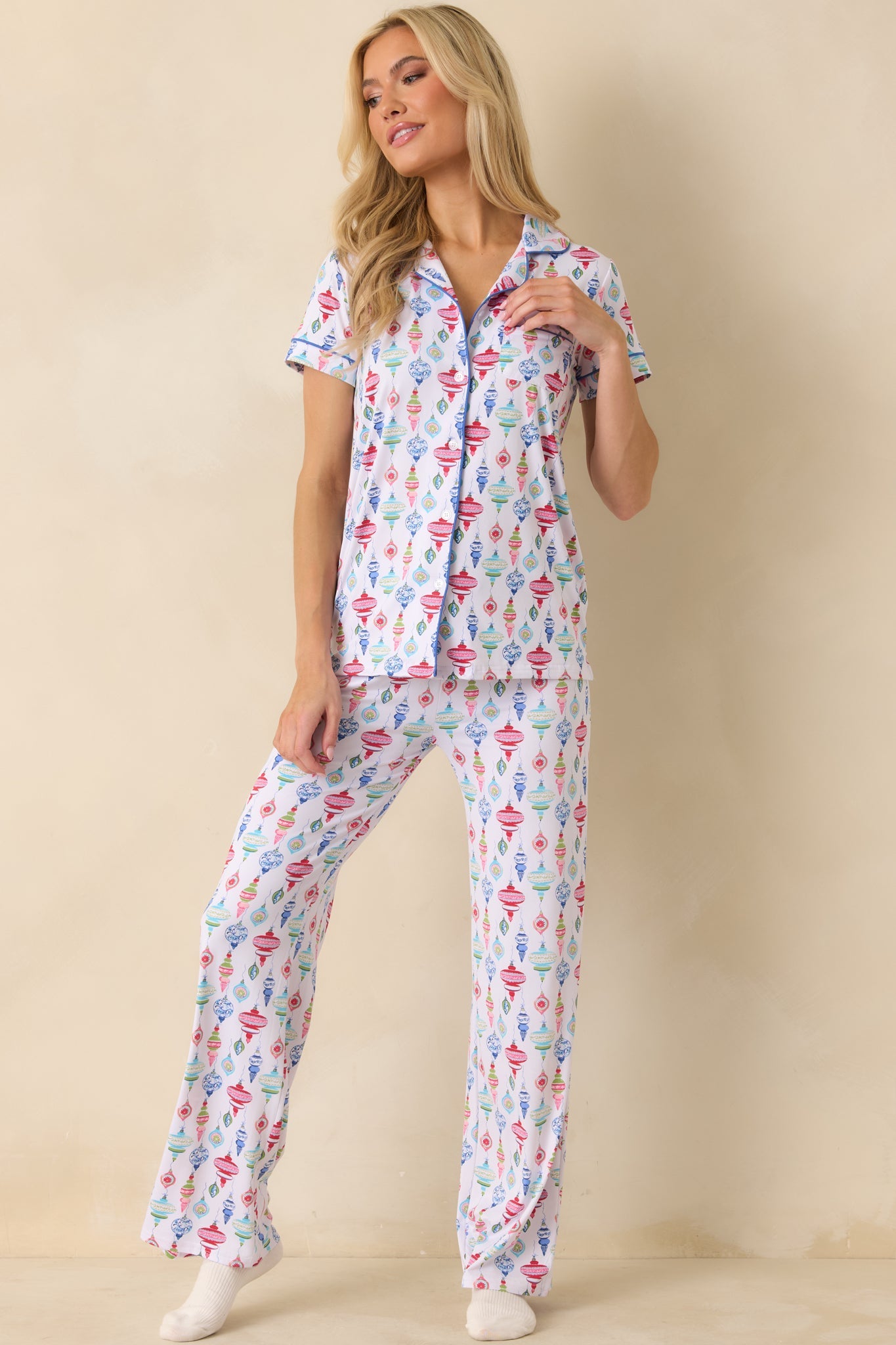 Decked In Delight White Multi Ornament Short Sleeve Button Up Pajama Top