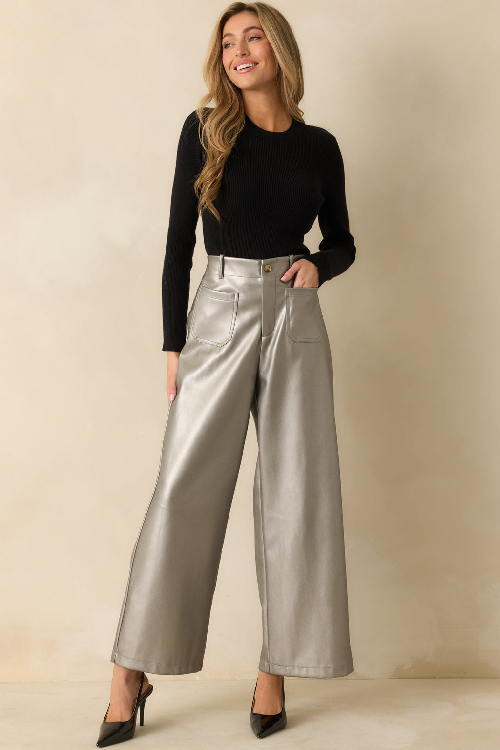 Catch You Later Metallic Grey Wide Leg Pants