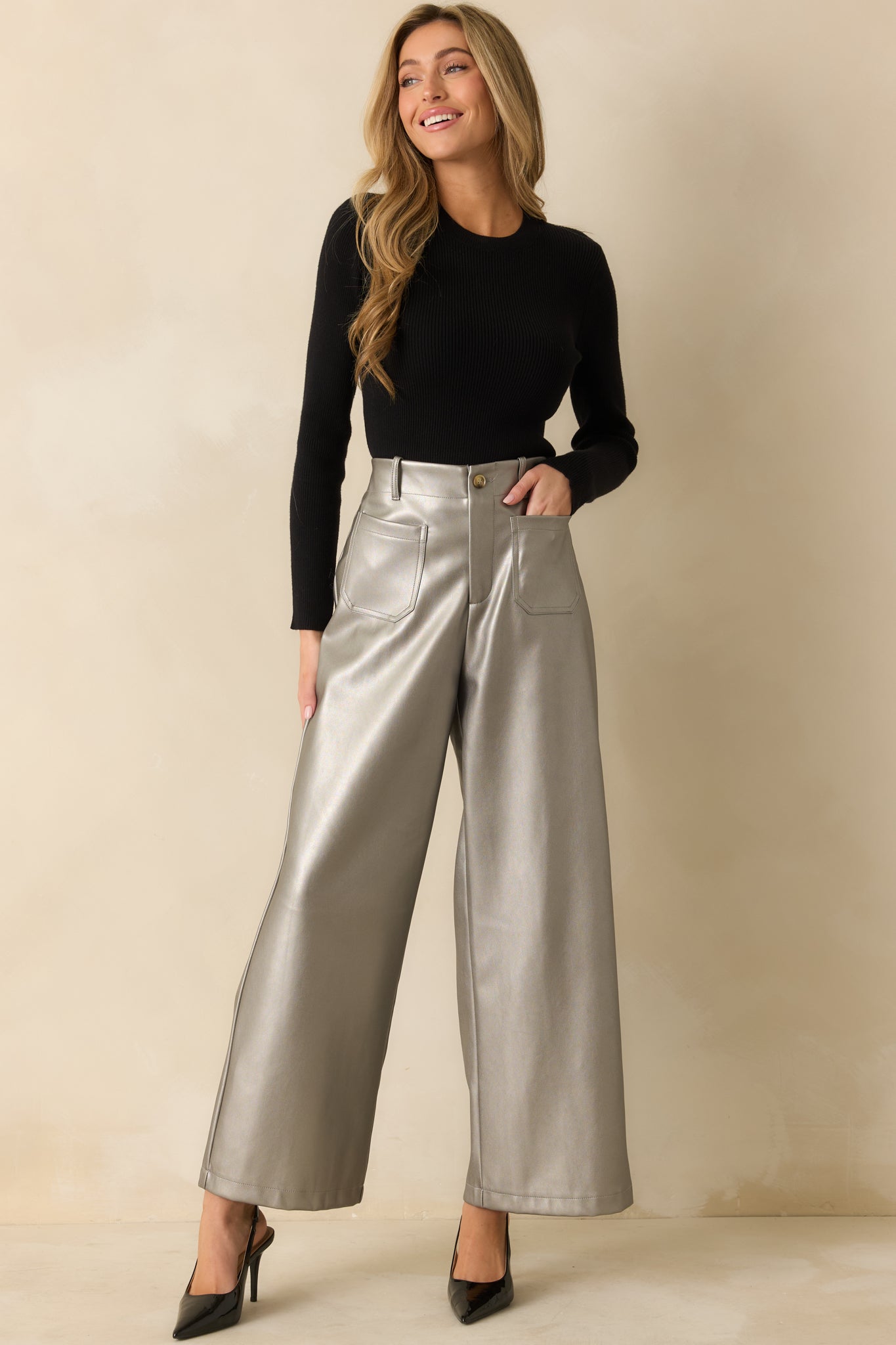 Catch You Later Metallic Grey Wide Leg Pants