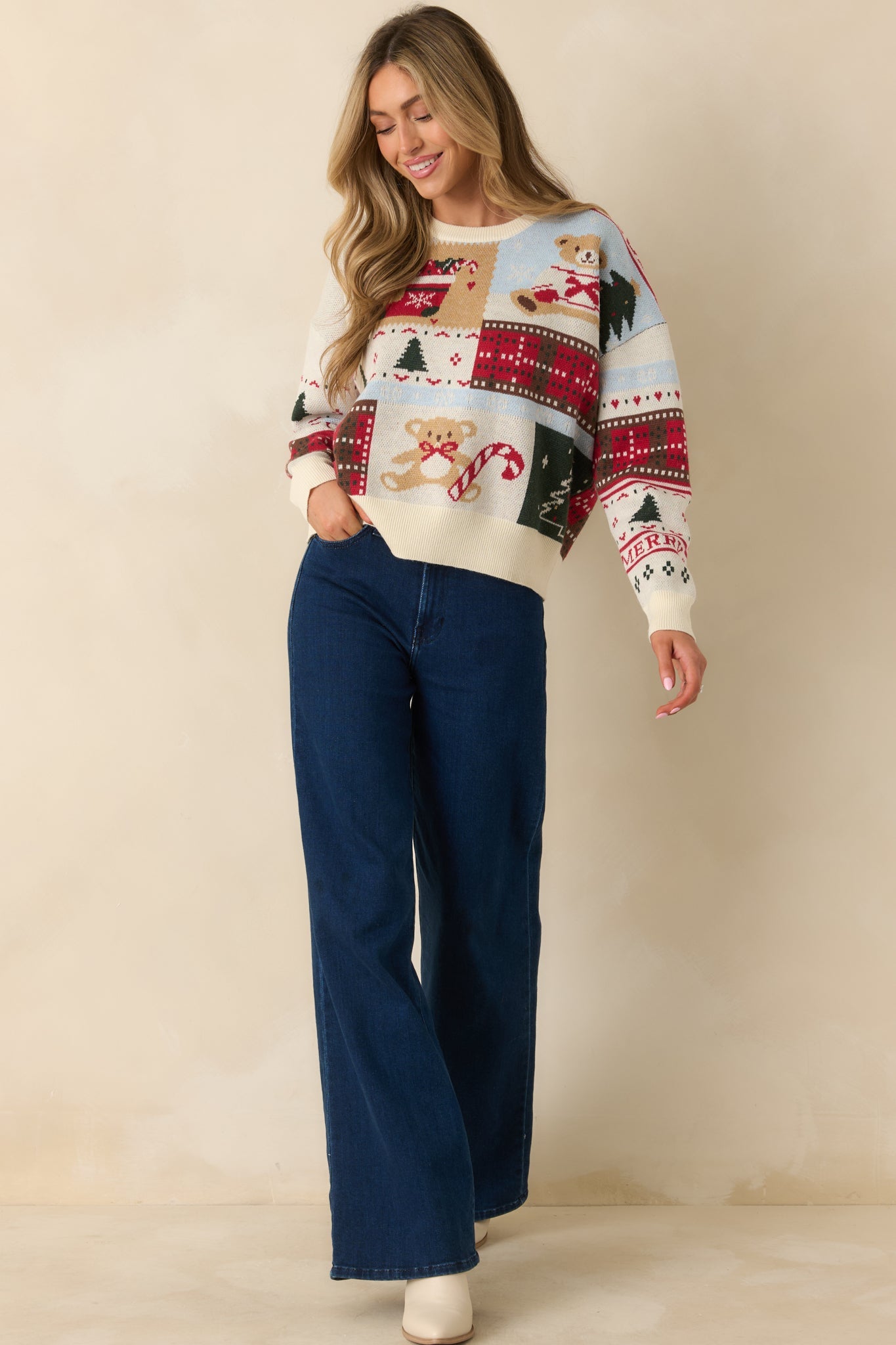 Oh So Merry White Multi Knit Christmas Patchwork Print Sweater