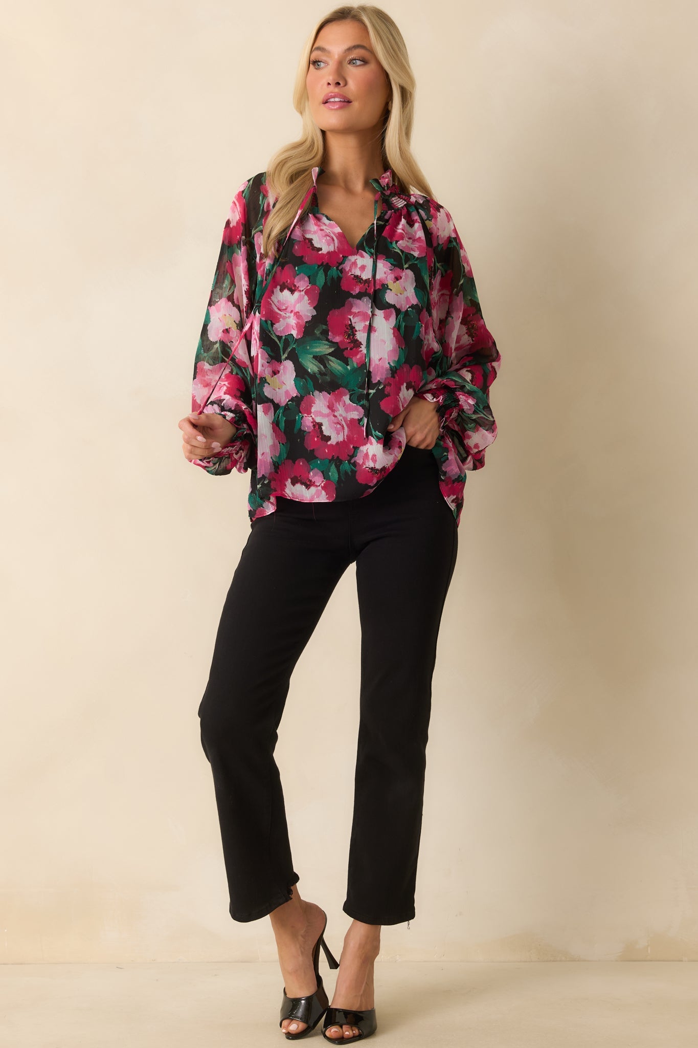 Take It All In Pink Multi Floral Print Chiffon Peasant Top