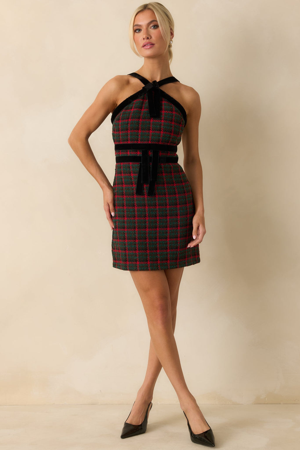 Prosperina Faye Green Multi Plaid Tweed Halter Dress