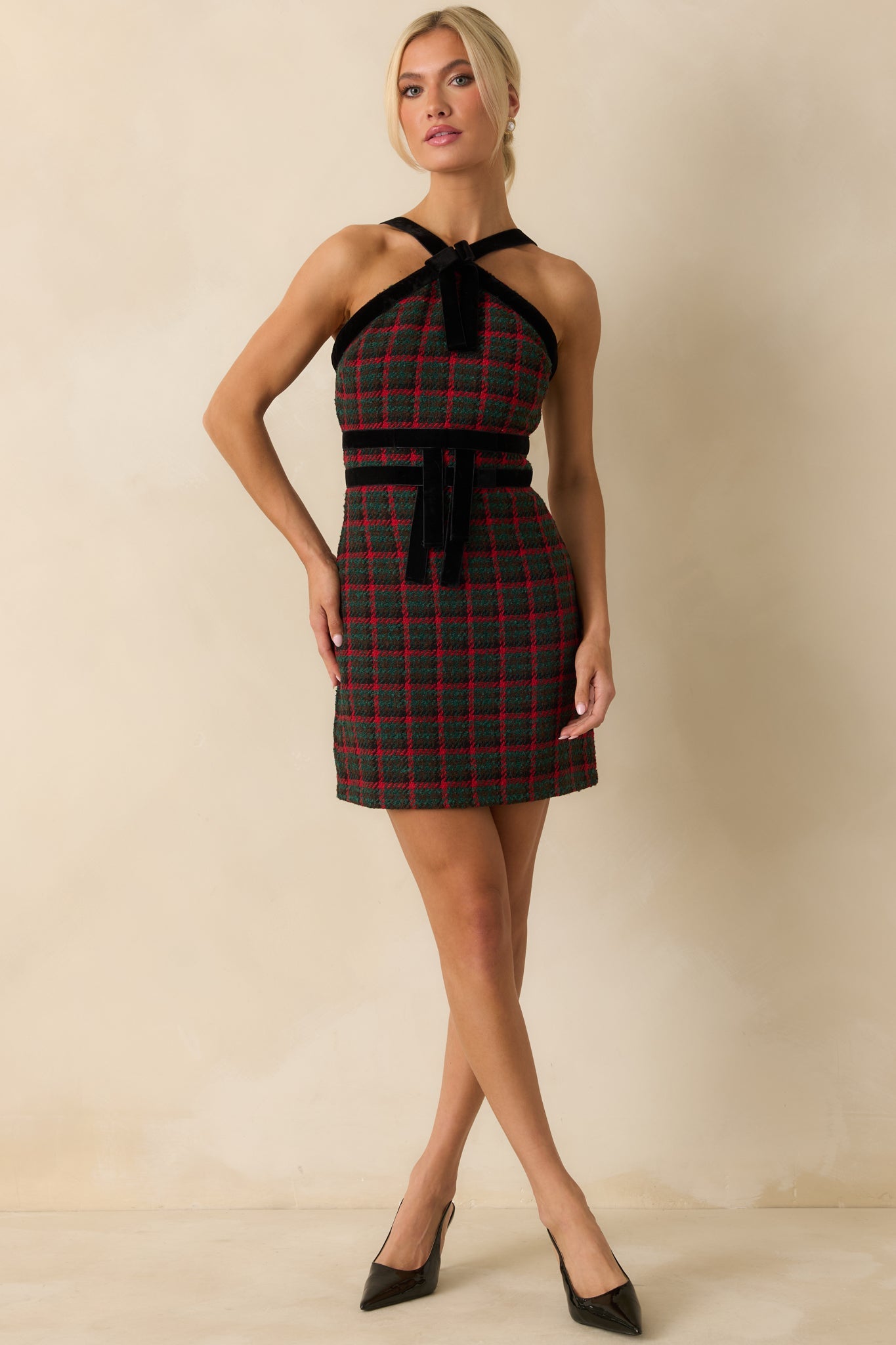 Prosperina Faye Green Multi Plaid Tweed Halter Dress
