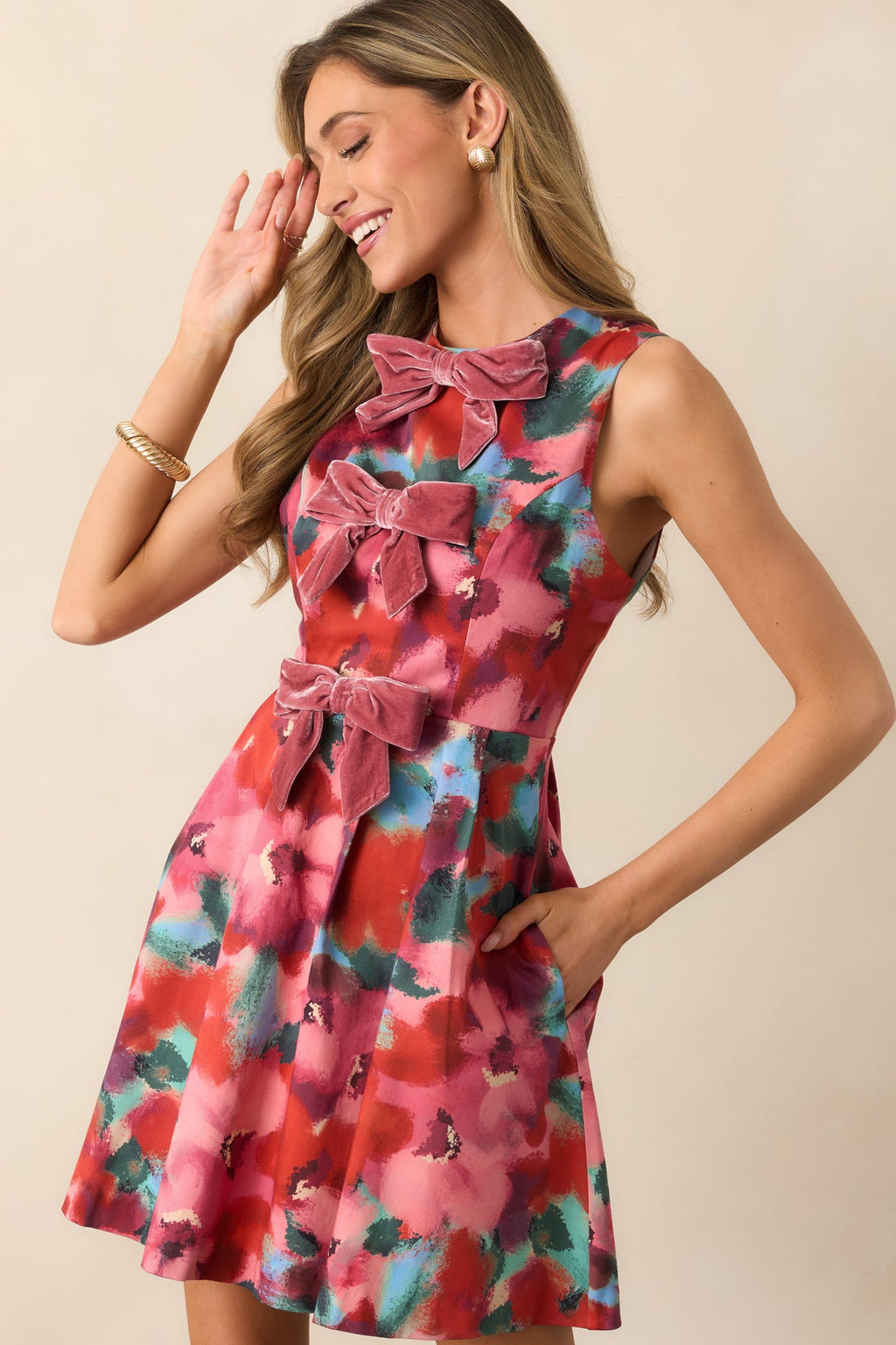 Prosperina Clara Pink Multi Floral Cotton Bow Mini Dress