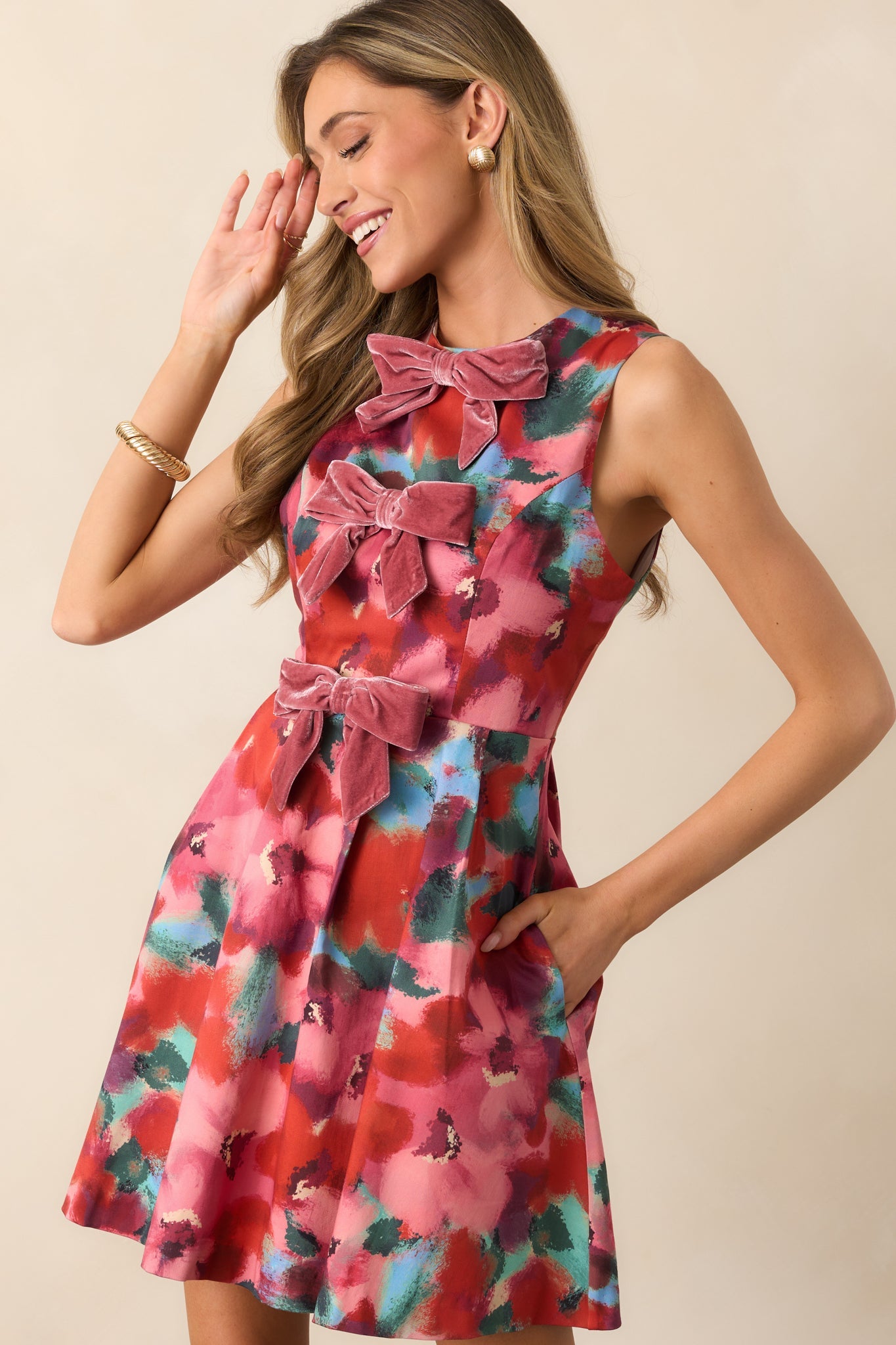 Prosperina Clara Pink Multi Floral Cotton Bow Mini Dress