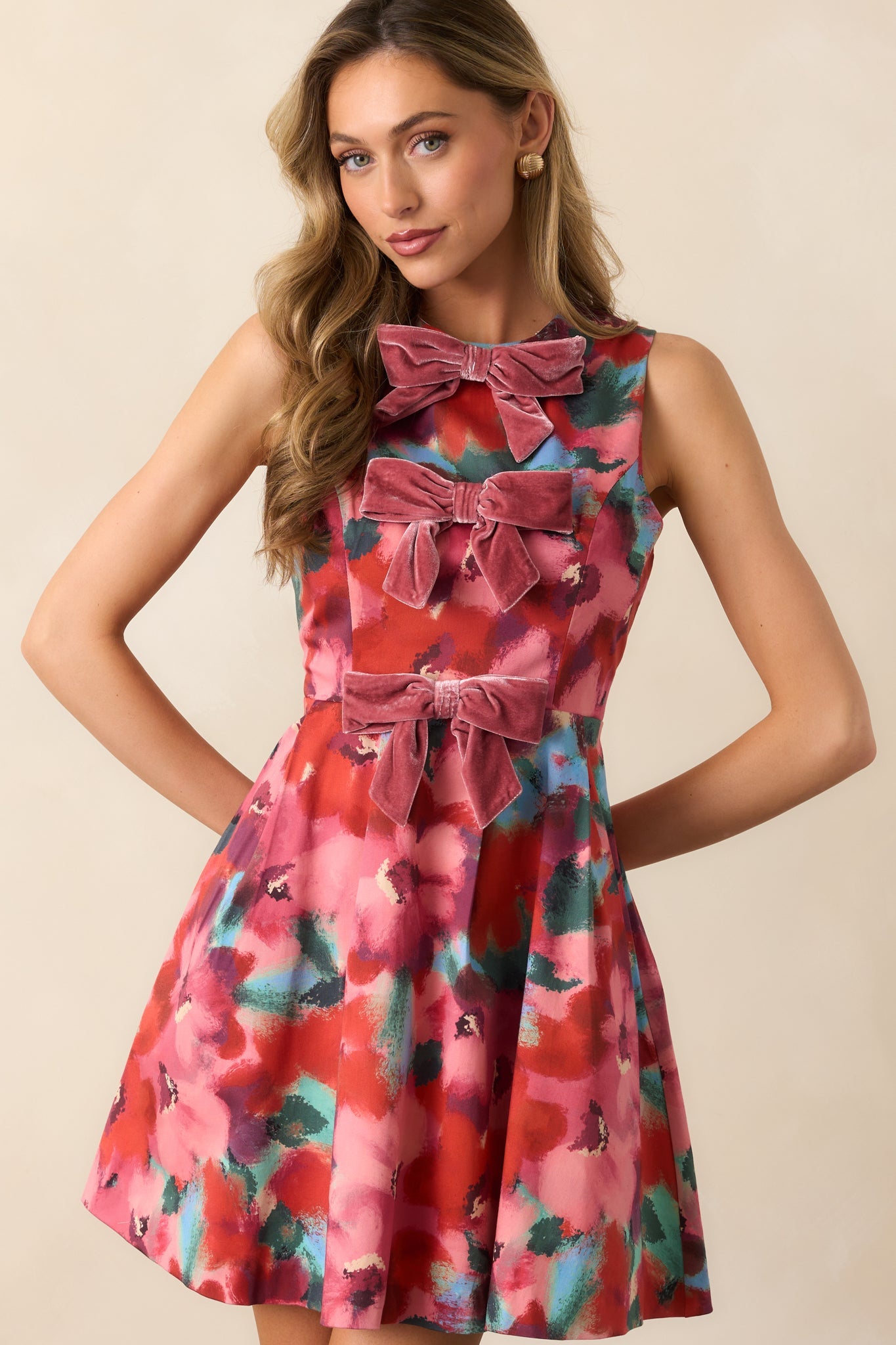 Prosperina Clara Pink Multi Floral Cotton Bow Mini Dress