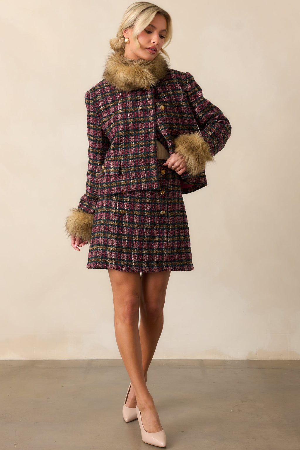 EXCLUSIVE: Prosperina Gardner Pink Multi Plaid Tweed Mini Skirt