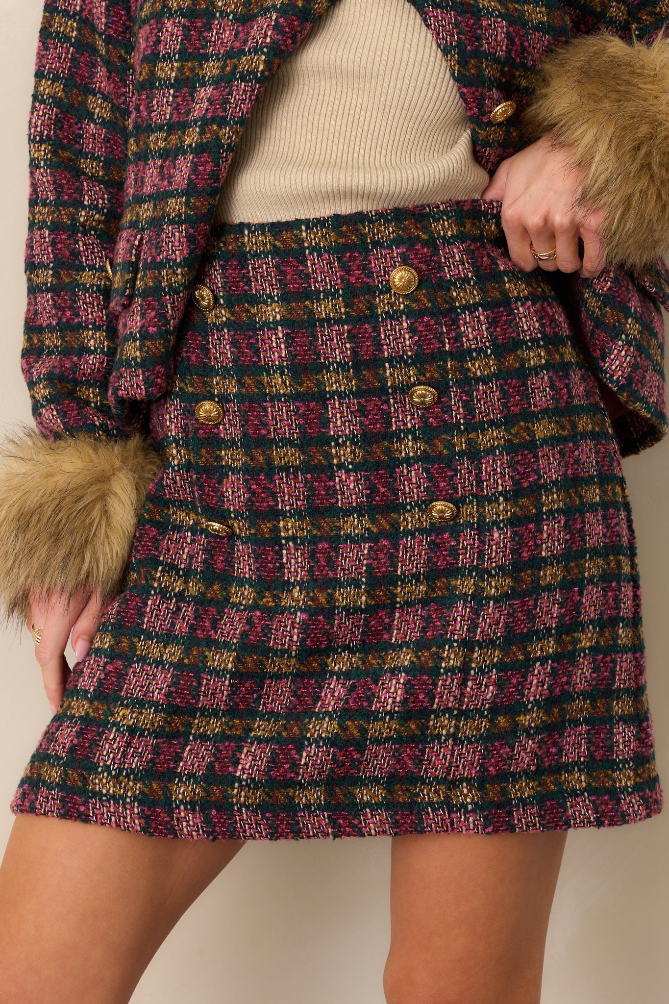 EXCLUSIVE: Prosperina Gardner Pink Multi Plaid Tweed Mini Skirt