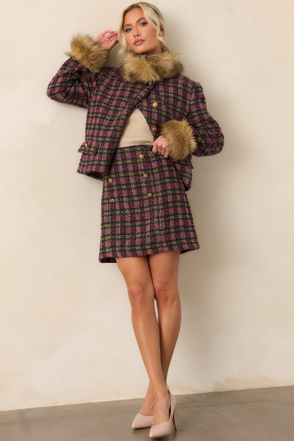Prosperina Bouvier Pink Multi Plaid Tweed Jacket