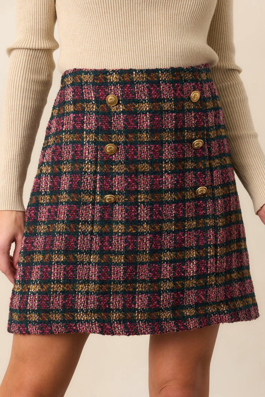 EXCLUSIVE: Prosperina Gardner Pink Multi Plaid Tweed Mini Skirt