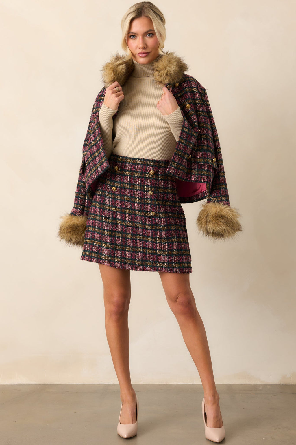 EXCLUSIVE: Prosperina Gardner Pink Multi Plaid Tweed Mini Skirt