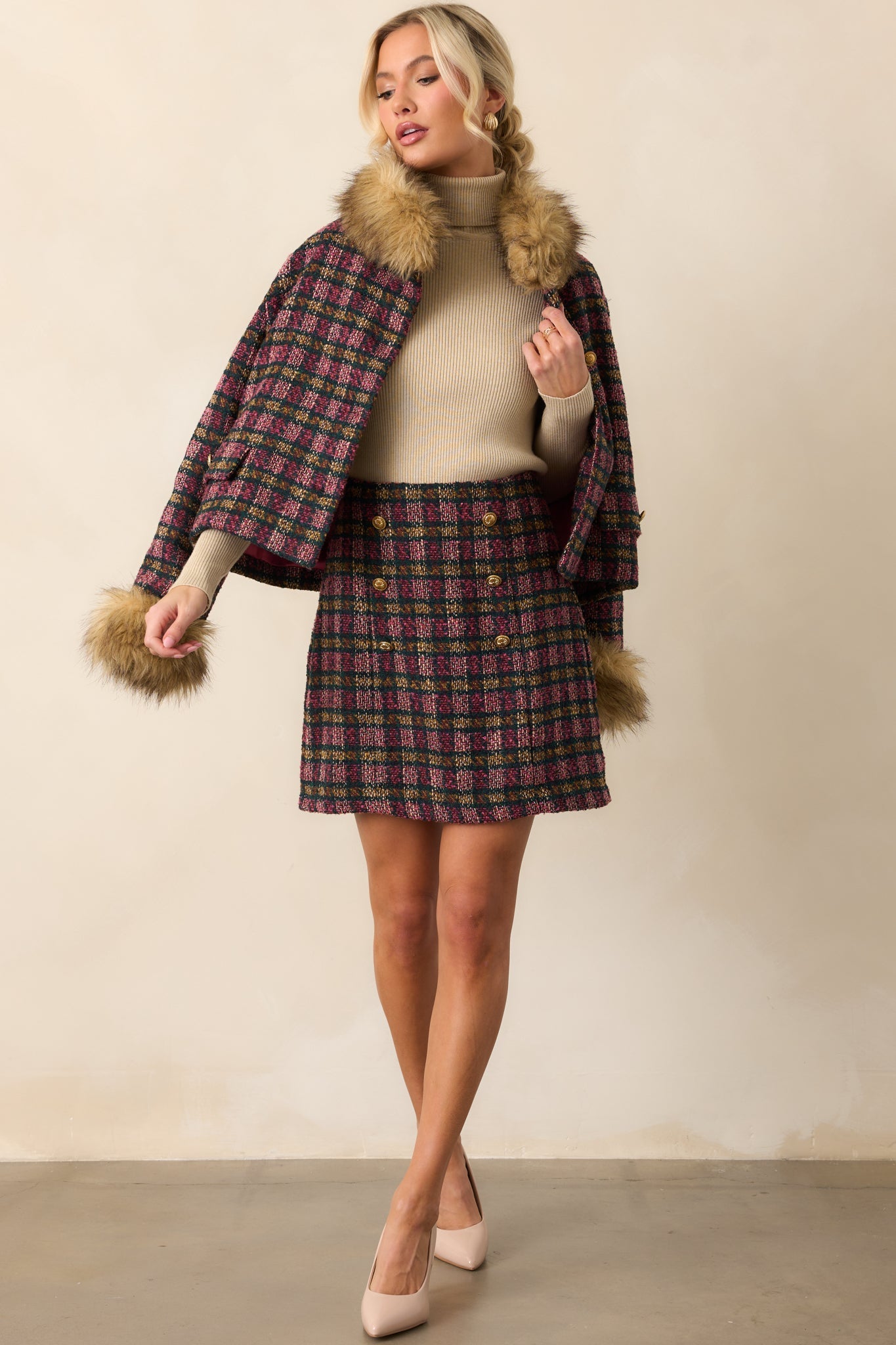 EXCLUSIVE: Prosperina Gardner Pink Multi Plaid Tweed Mini Skirt