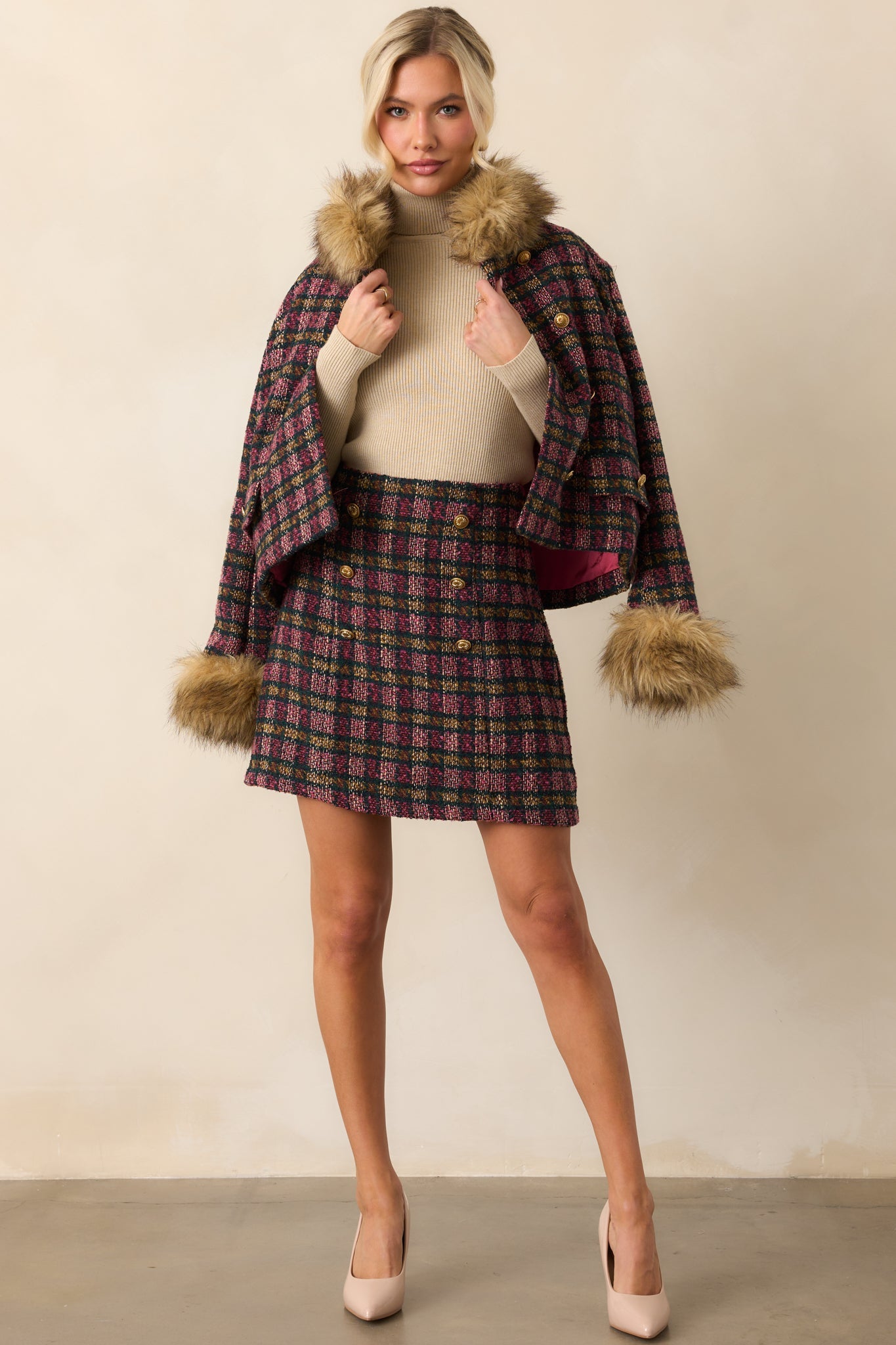 EXCLUSIVE: Prosperina Gardner Pink Multi Plaid Tweed Mini Skirt