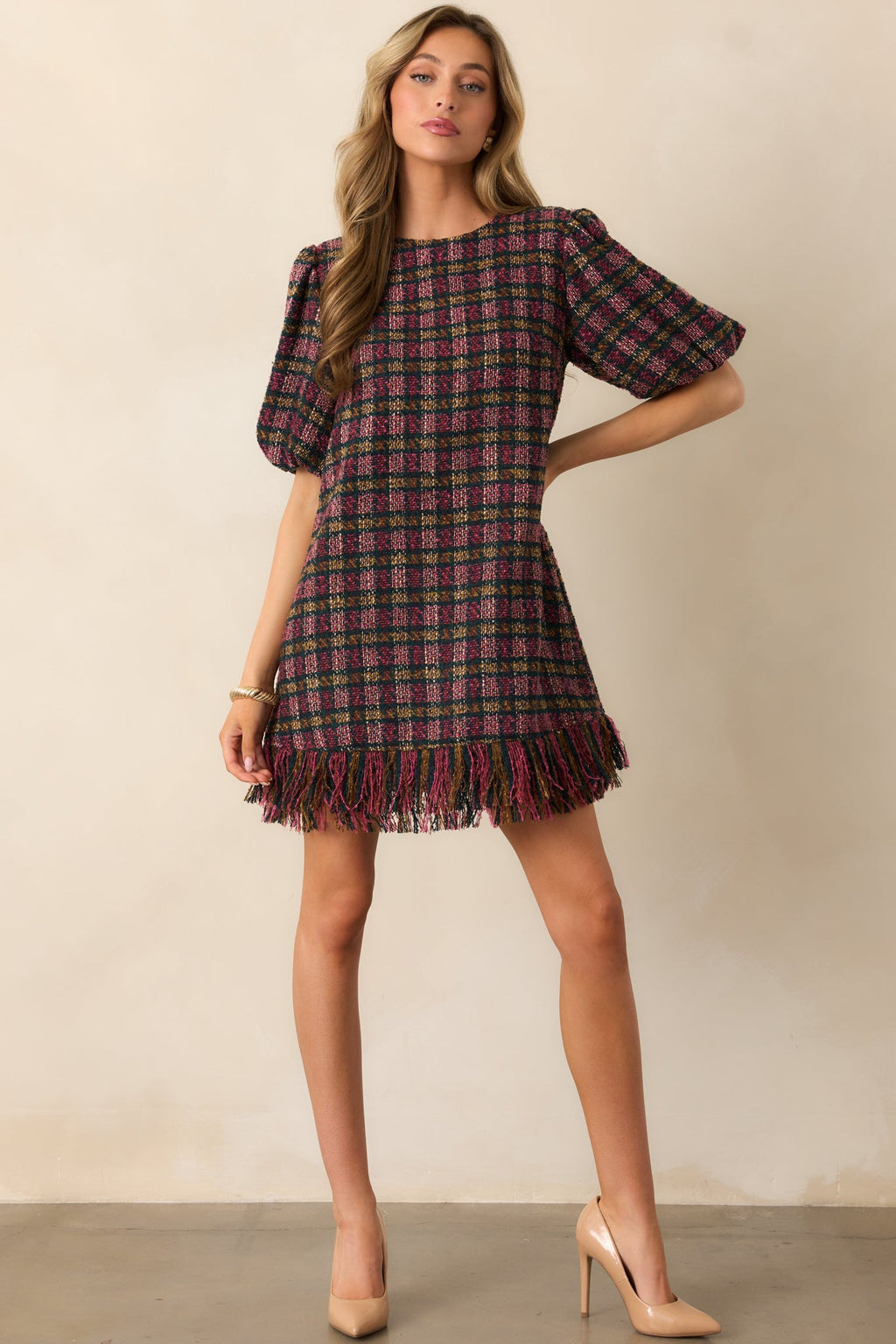 Prosperina Cecelia Pink Multi Plaid Tweed Mini Dress