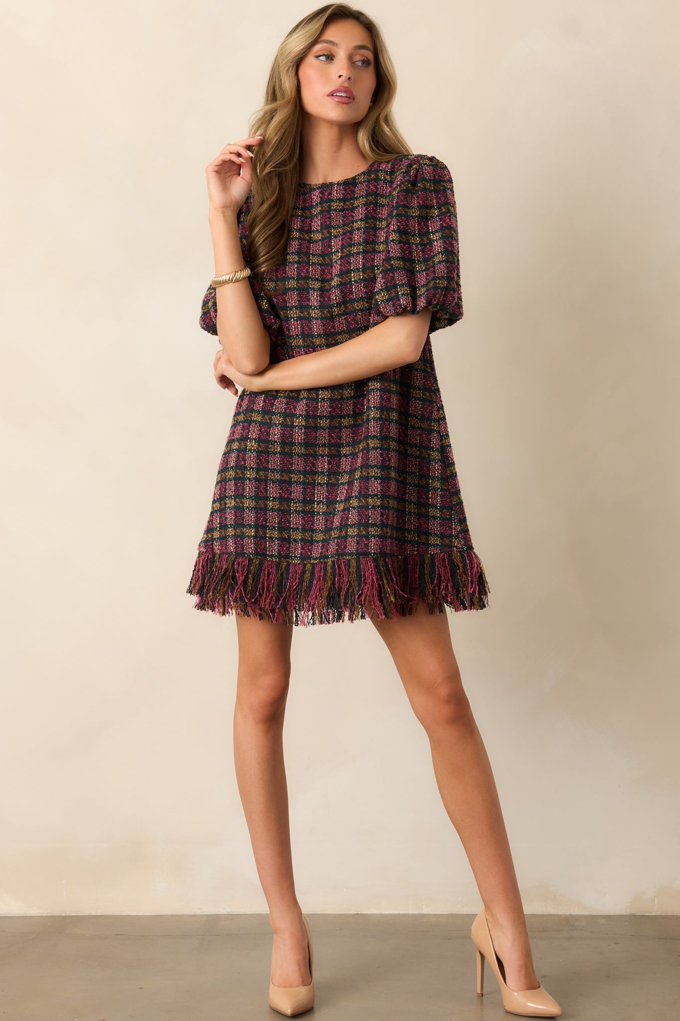 Prosperina Cecelia Pink Multi Plaid Tweed Mini Dress