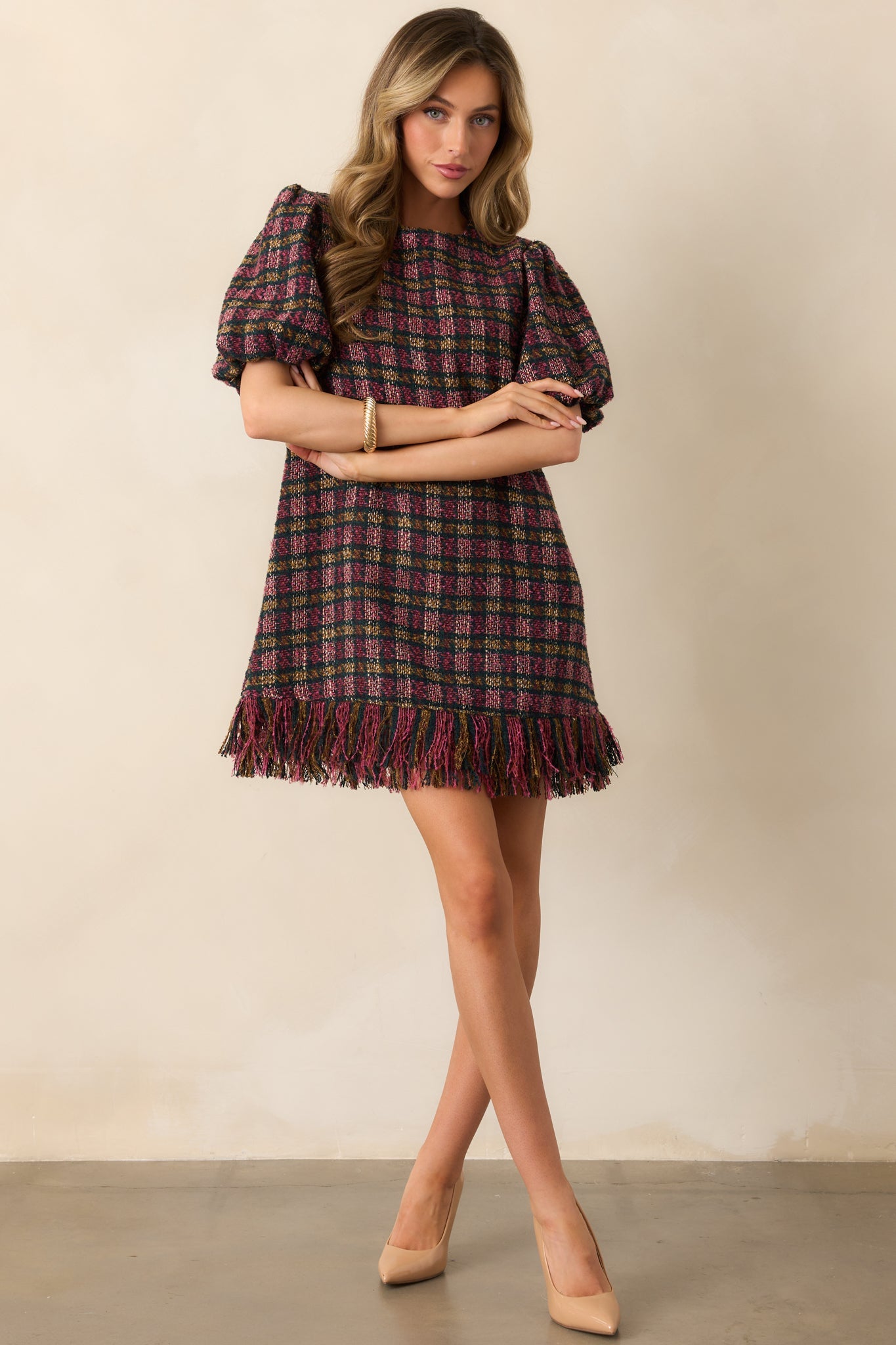 Prosperina Cecelia Pink Multi Plaid Tweed Mini Dress