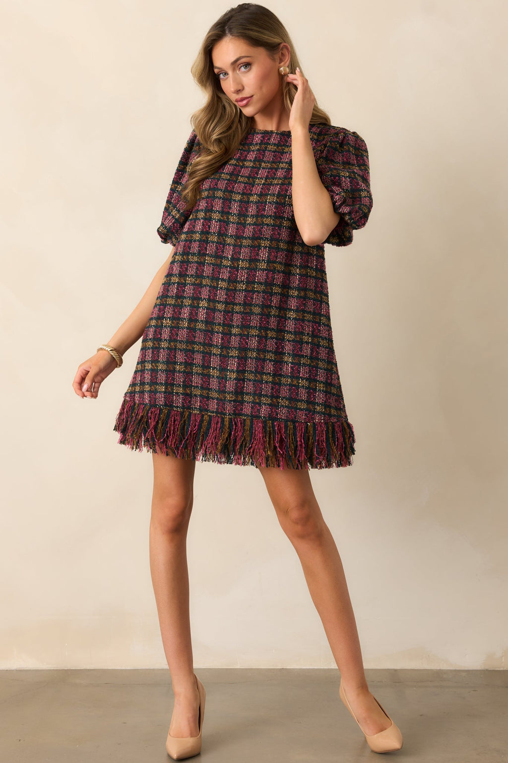 Prosperina Cecelia Pink Multi Plaid Tweed Mini Dress