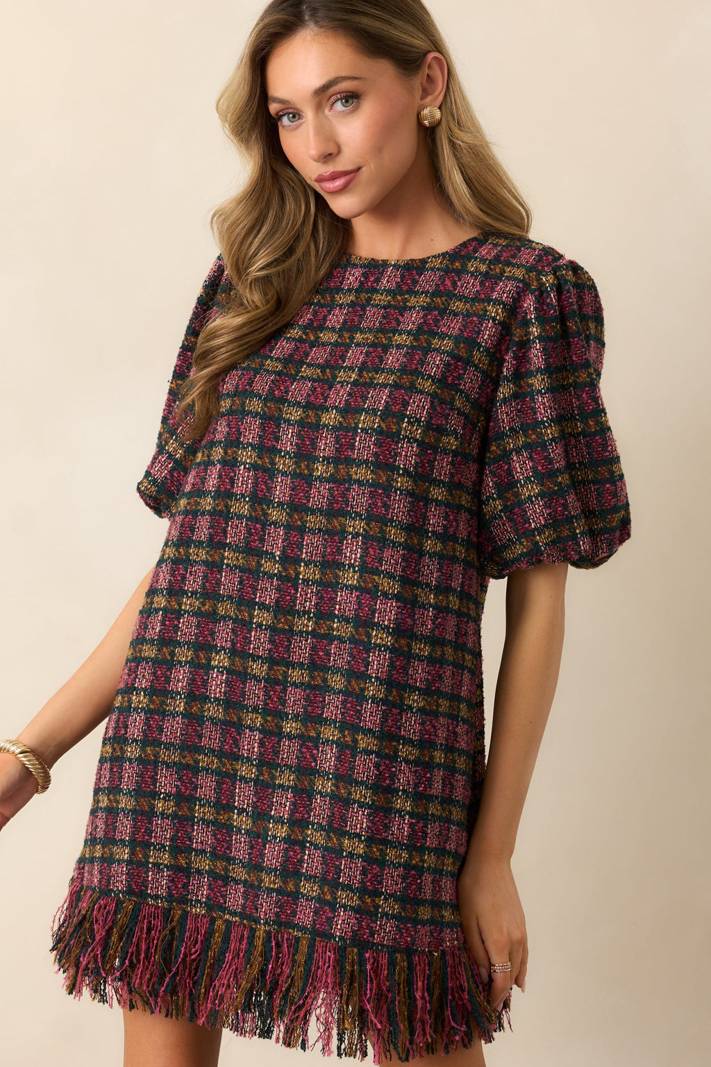 Prosperina Cecelia Pink Multi Plaid Tweed Mini Dress