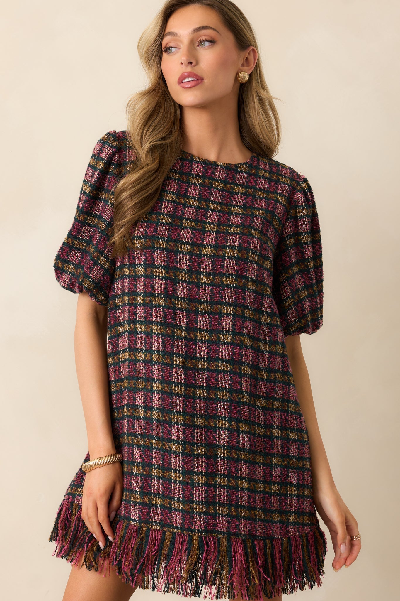 Prosperina Cecelia Pink Multi Plaid Tweed Mini Dress