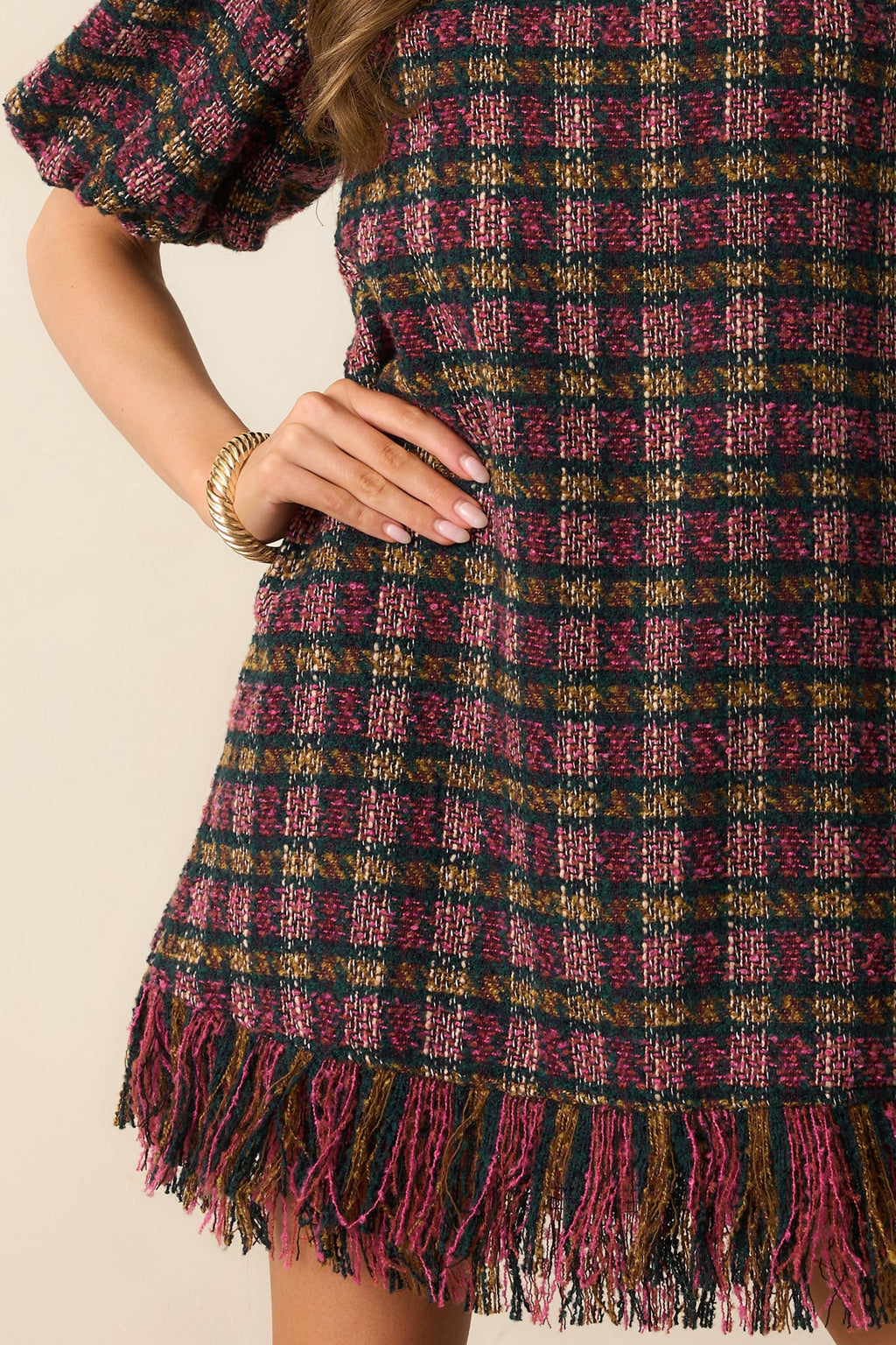 Prosperina Cecelia Pink Multi Plaid Tweed Mini Dress