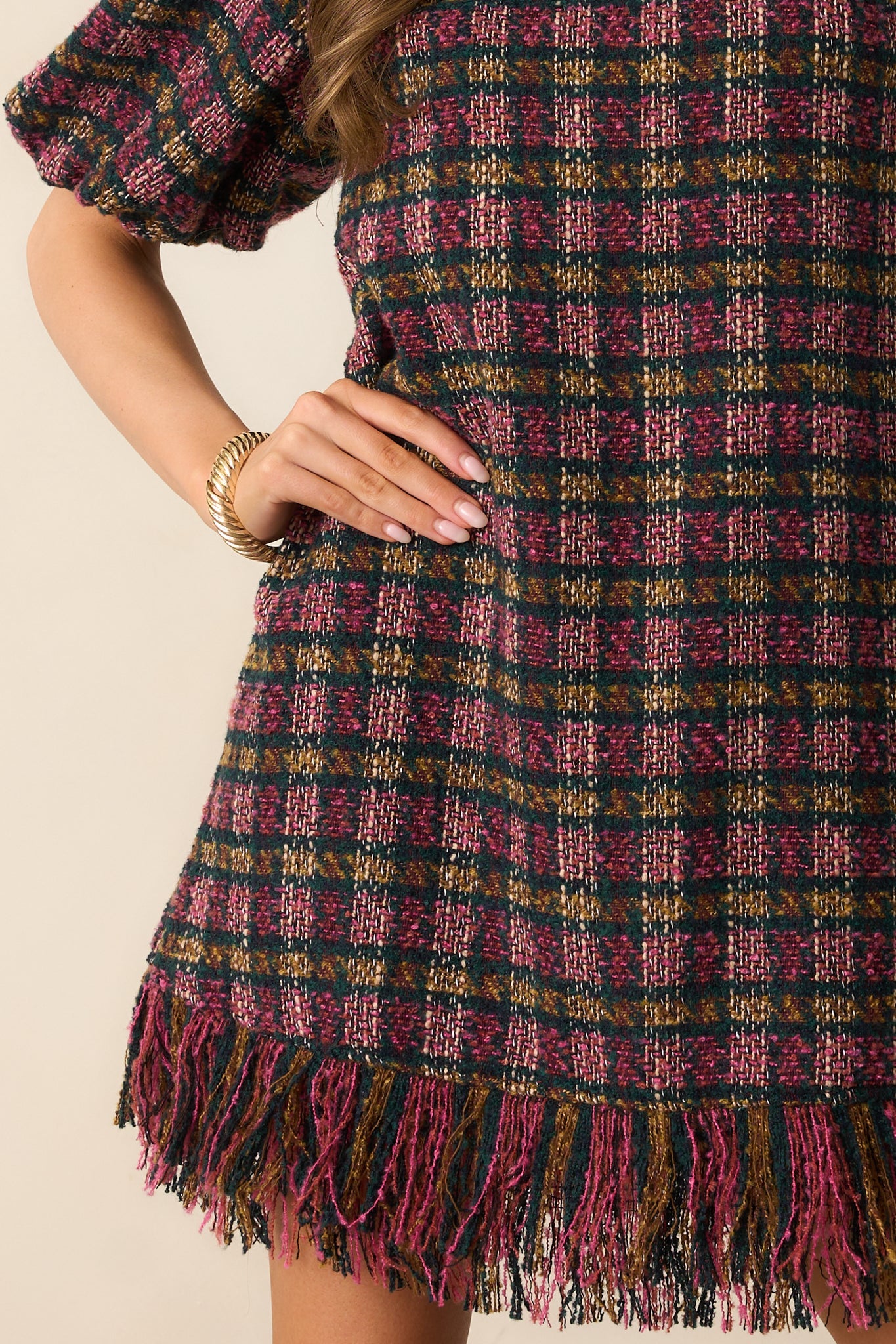 Prosperina Cecelia Pink Multi Plaid Tweed Mini Dress