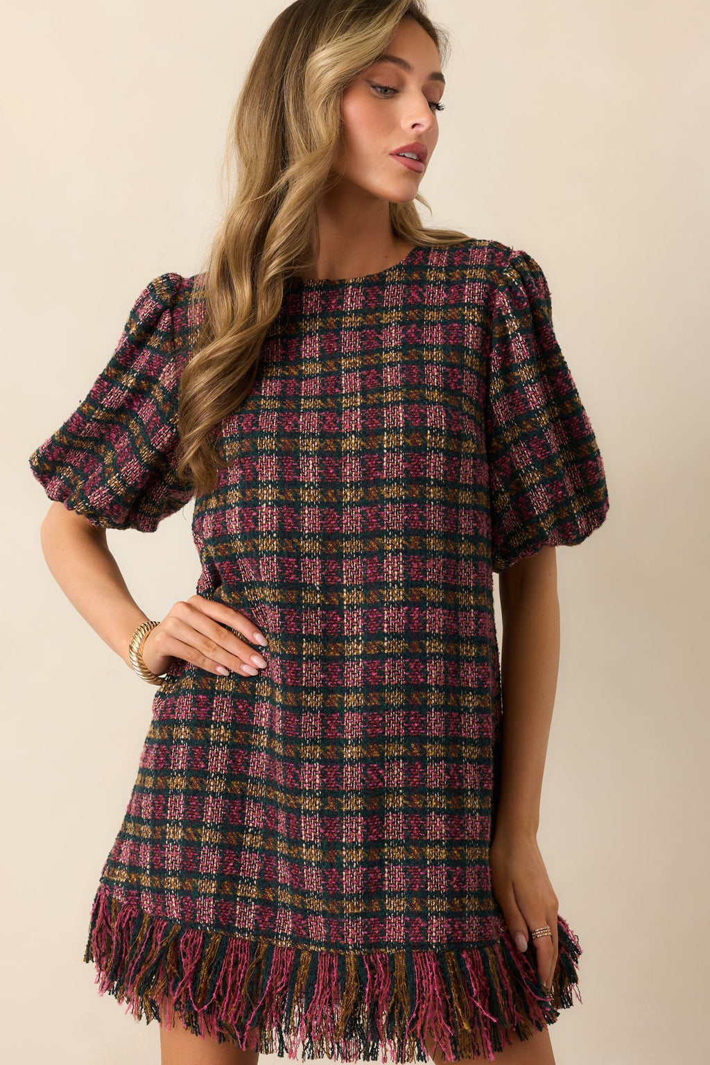 Prosperina Cecelia Pink Multi Plaid Tweed Mini Dress