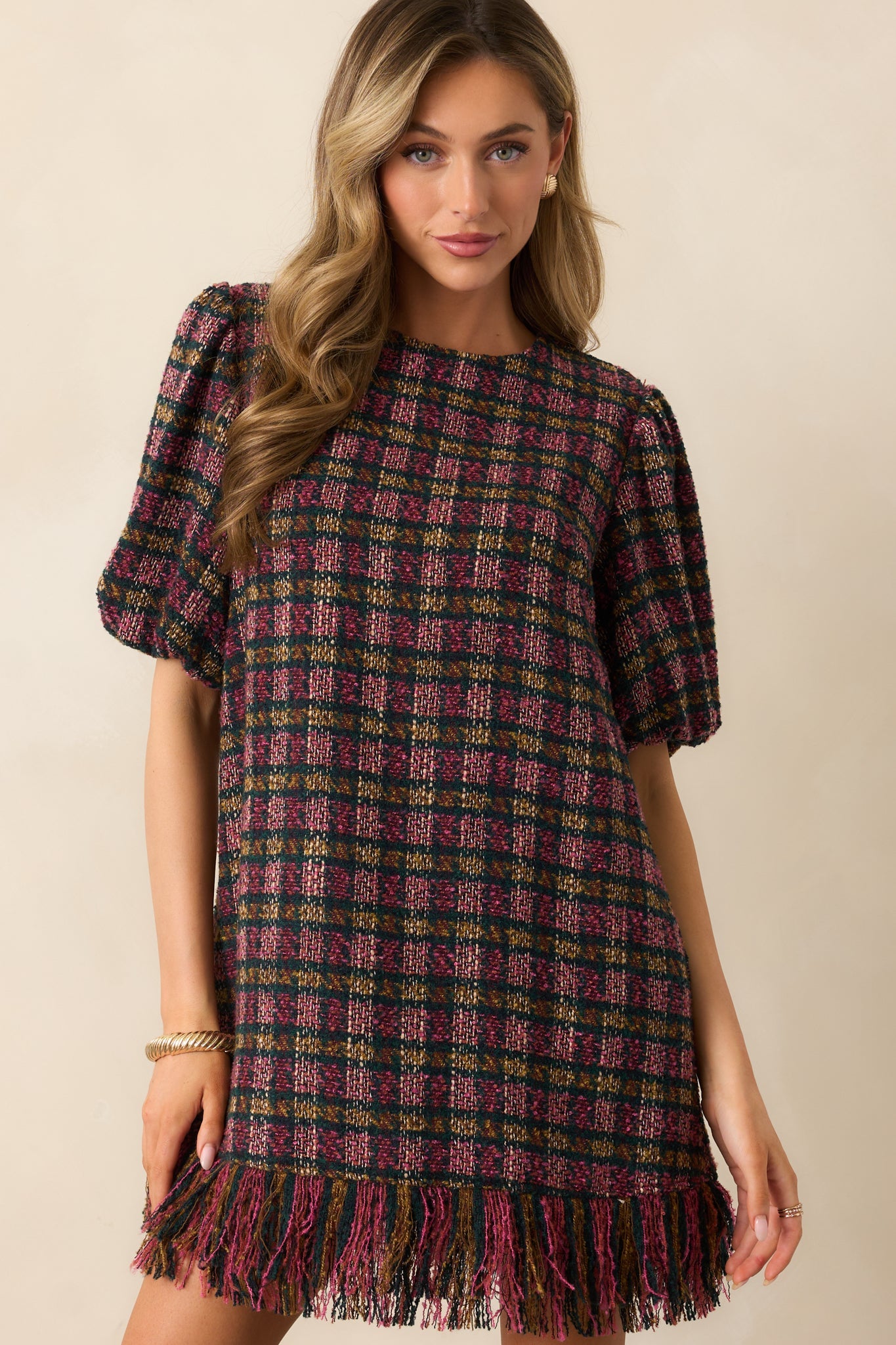 Prosperina Cecelia Pink Multi Plaid Tweed Mini Dress