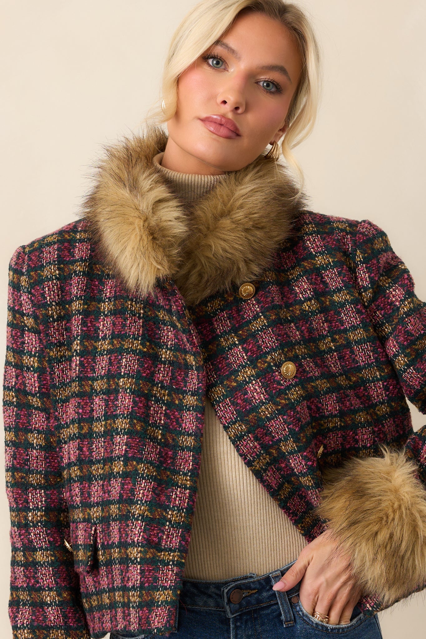 Prosperina Bouvier Pink Multi Plaid Tweed Jacket