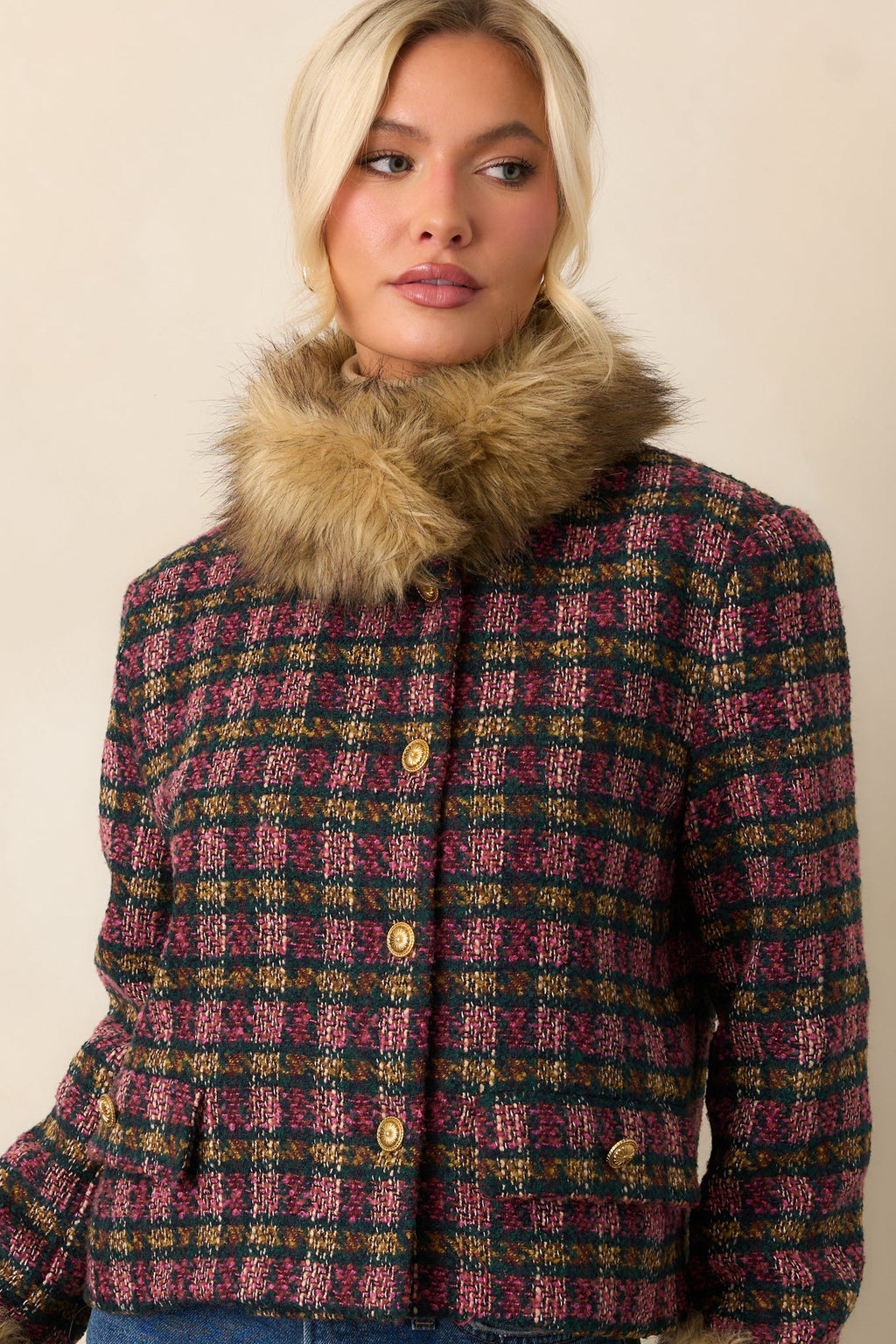 Prosperina Bouvier Pink Multi Plaid Tweed Jacket