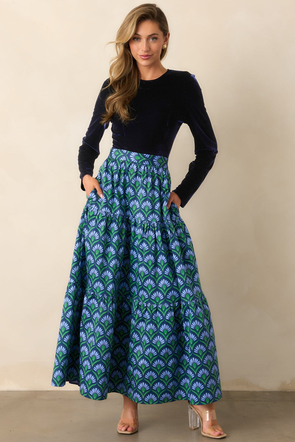 Prosperina Fontaine Blue Multi Geometric Print Cotton Maxi Dress