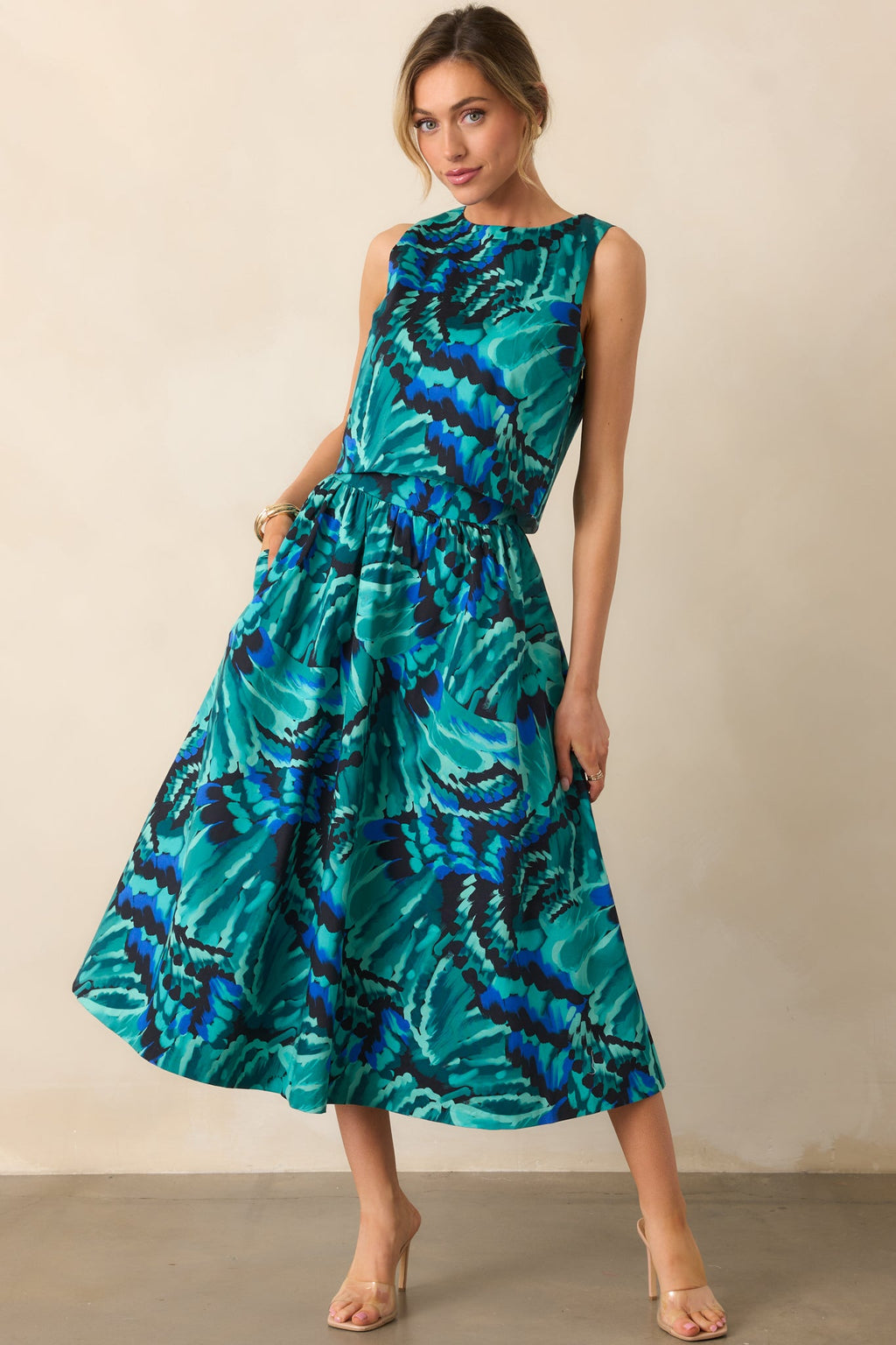 Prosperina Thena Blue Multi Abstract Print Cotton Midi Skirt