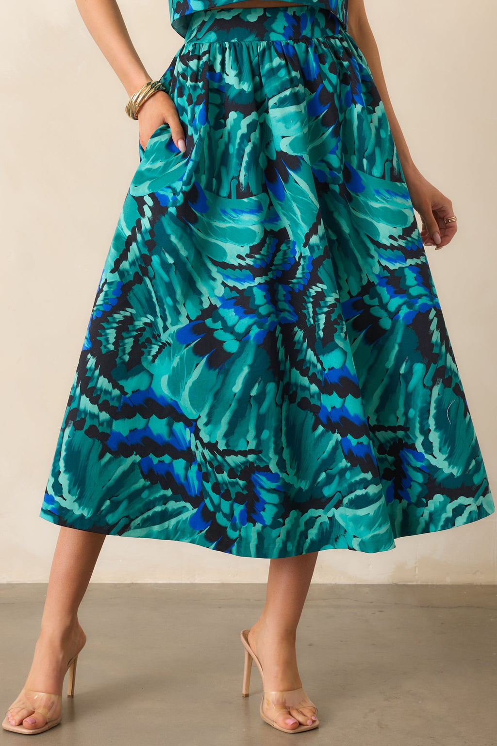 Prosperina Thena Blue Multi Abstract Print Cotton Midi Skirt