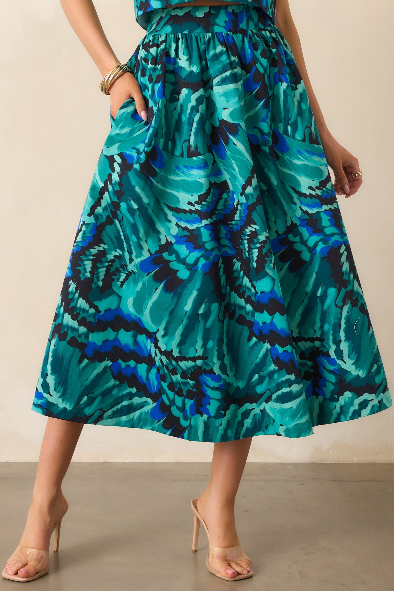 Prosperina Thena Blue Multi Abstract Print Cotton Midi Skirt