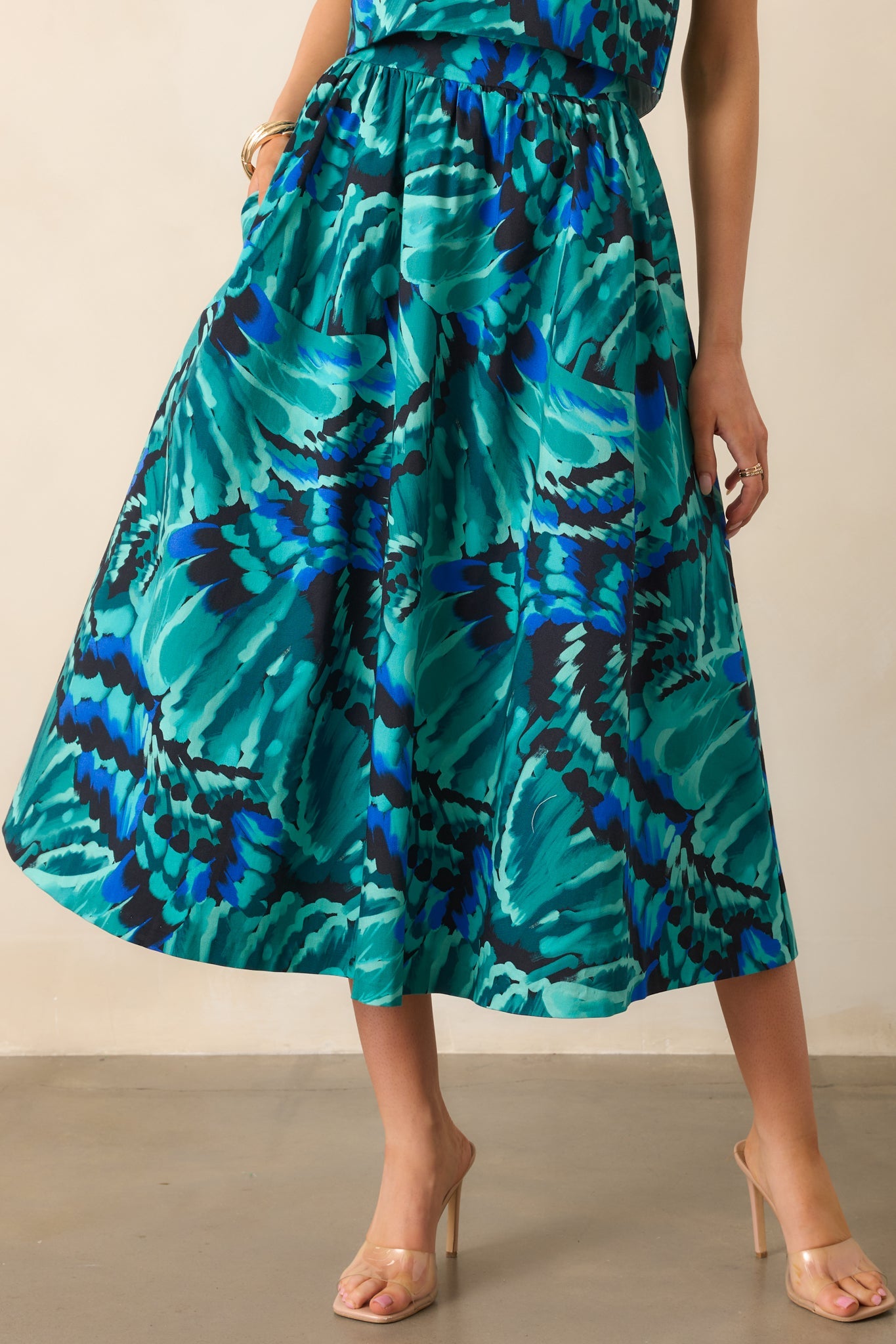 Prosperina Thena Blue Multi Abstract Print Cotton Midi Skirt