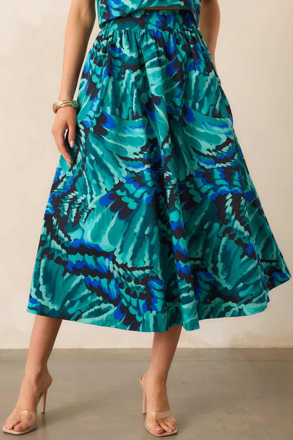 Prosperina Thena Blue Multi Abstract Print Cotton Midi Skirt