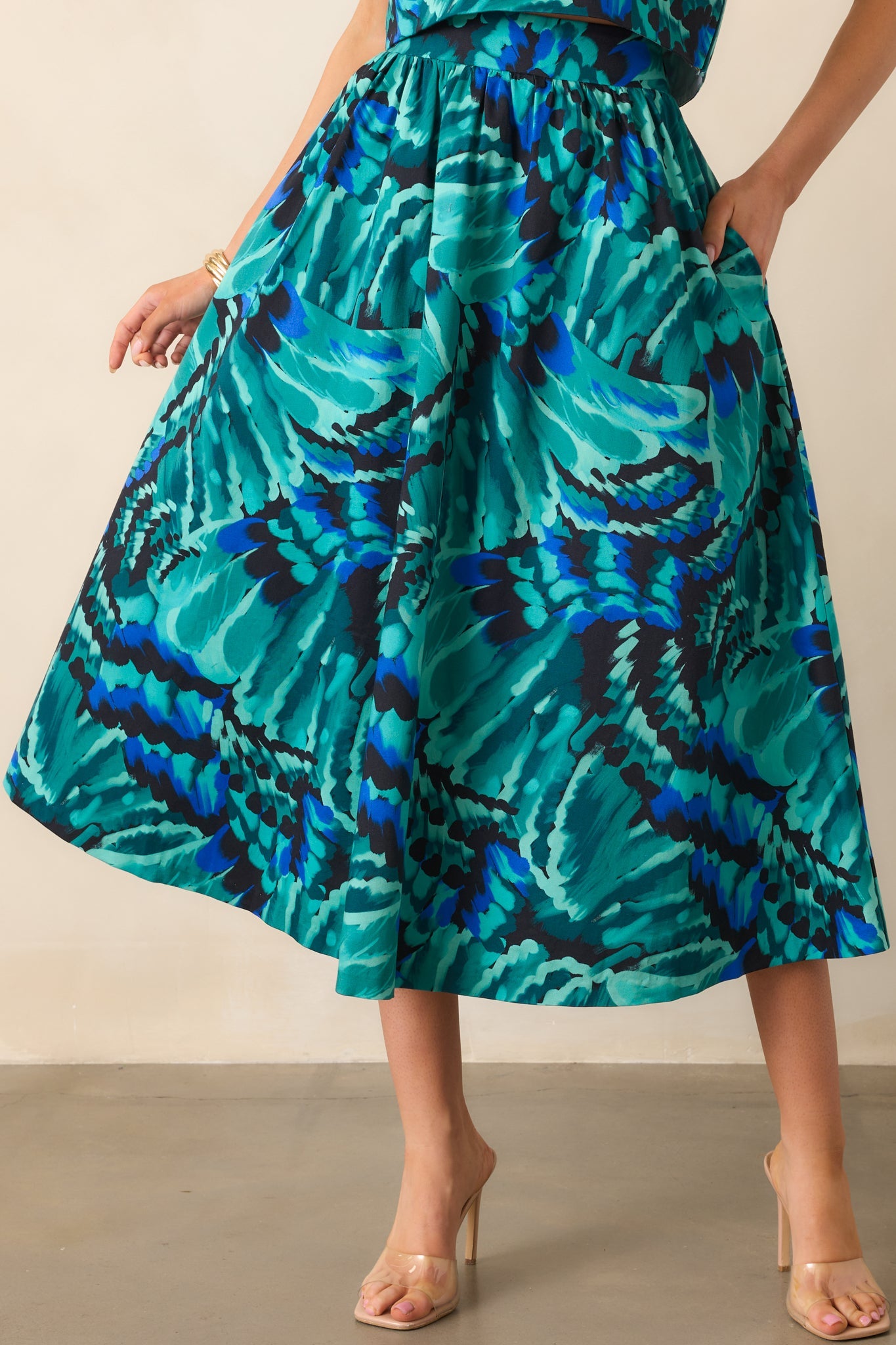 Prosperina Thena Blue Multi Abstract Print Cotton Midi Skirt