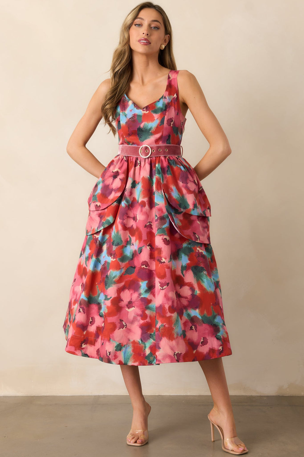 Prosperina Diana Pink Multi Floral Print Cotton Belted Midi Dress