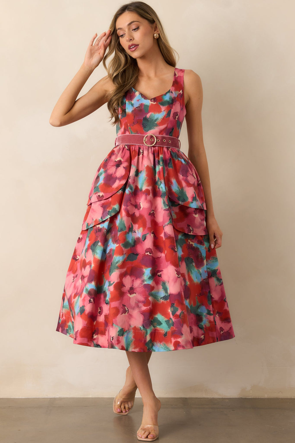 Prosperina Diana Pink Multi Floral Print Cotton Belted Midi Dress