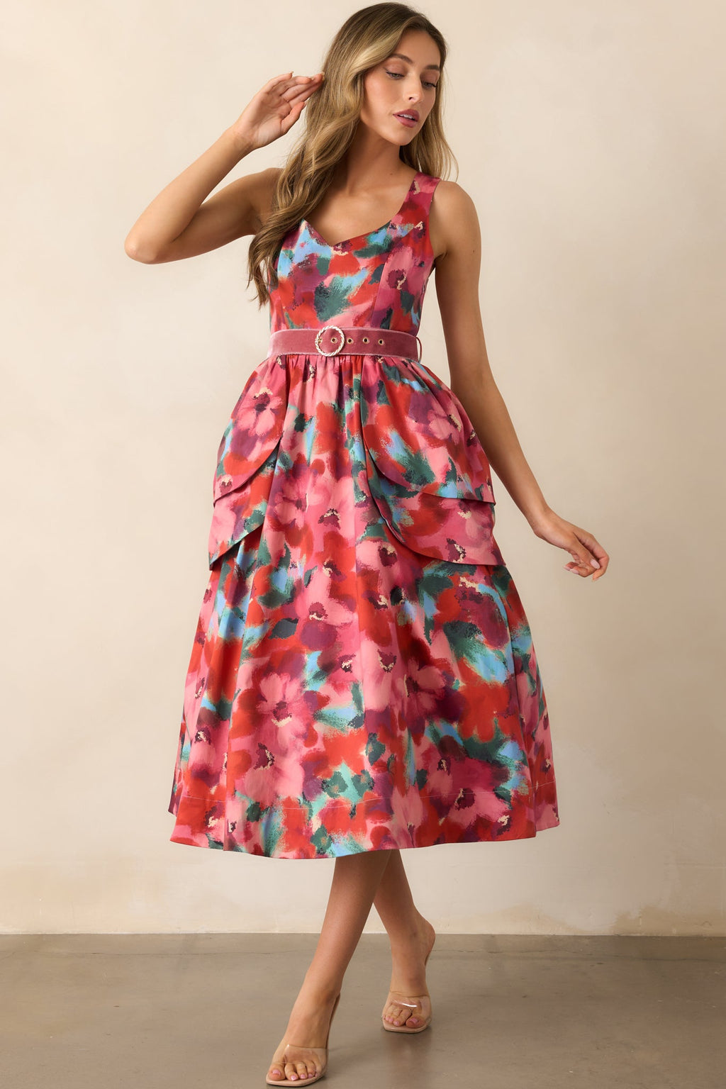 Prosperina Diana Pink Multi Floral Print Cotton Belted Midi Dress