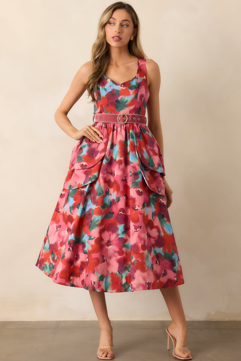 Prosperina Diana Pink Multi Floral Print Cotton Belted Midi Dress