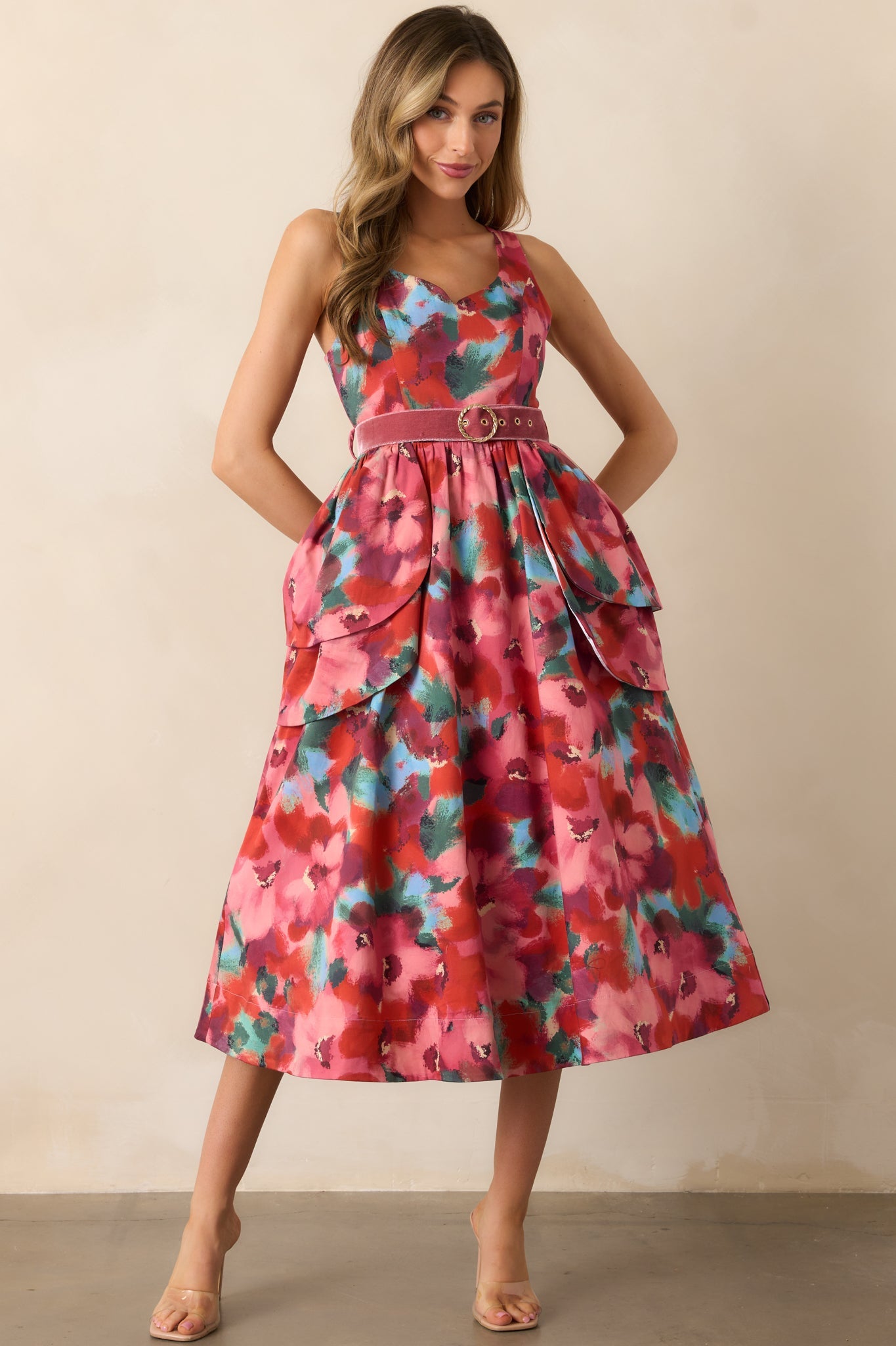 Prosperina Diana Pink Multi Floral Print Cotton Belted Midi Dress