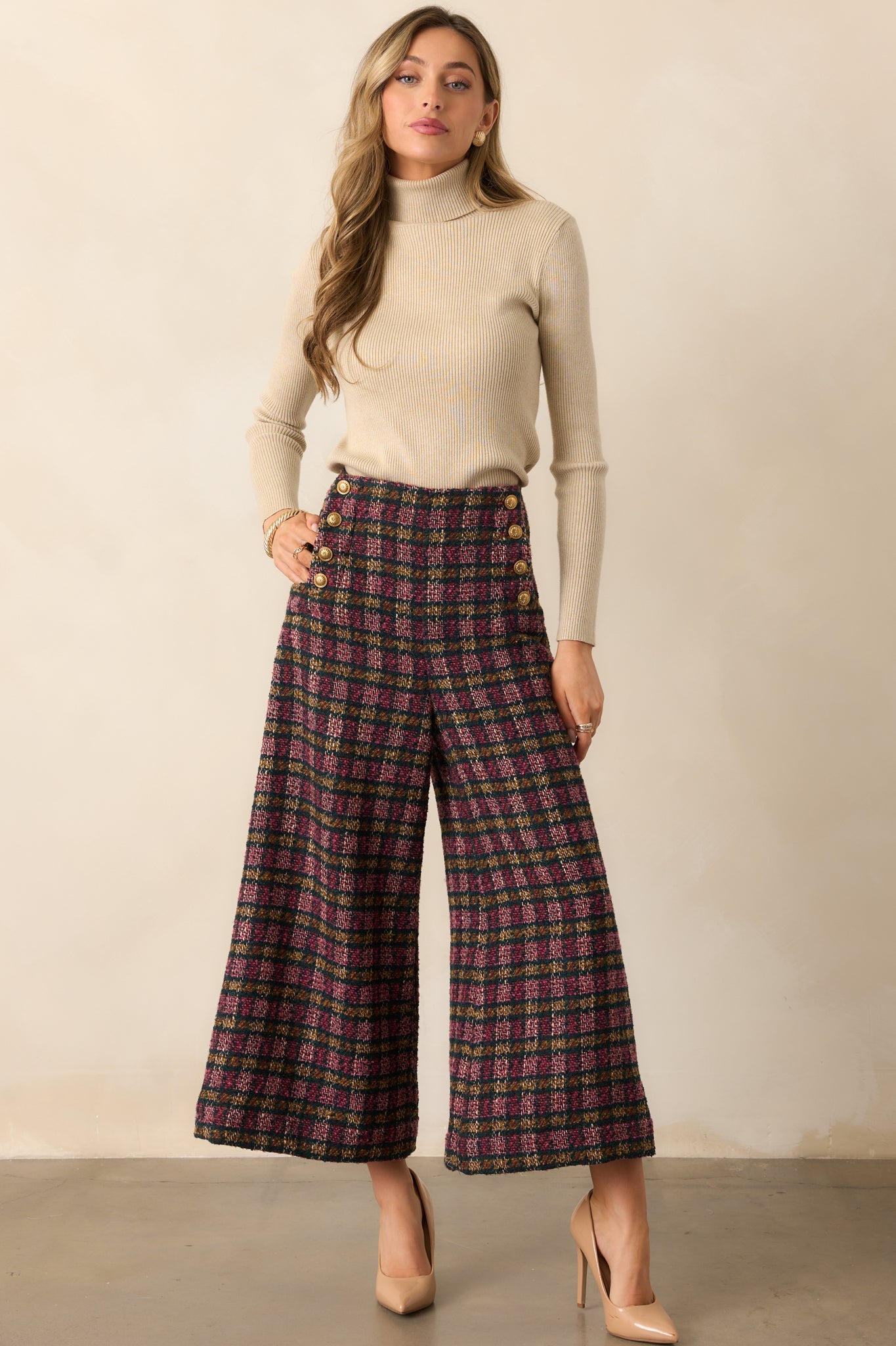 Prosperina Dietrich Pink Multi Plaid Tweed Pants
