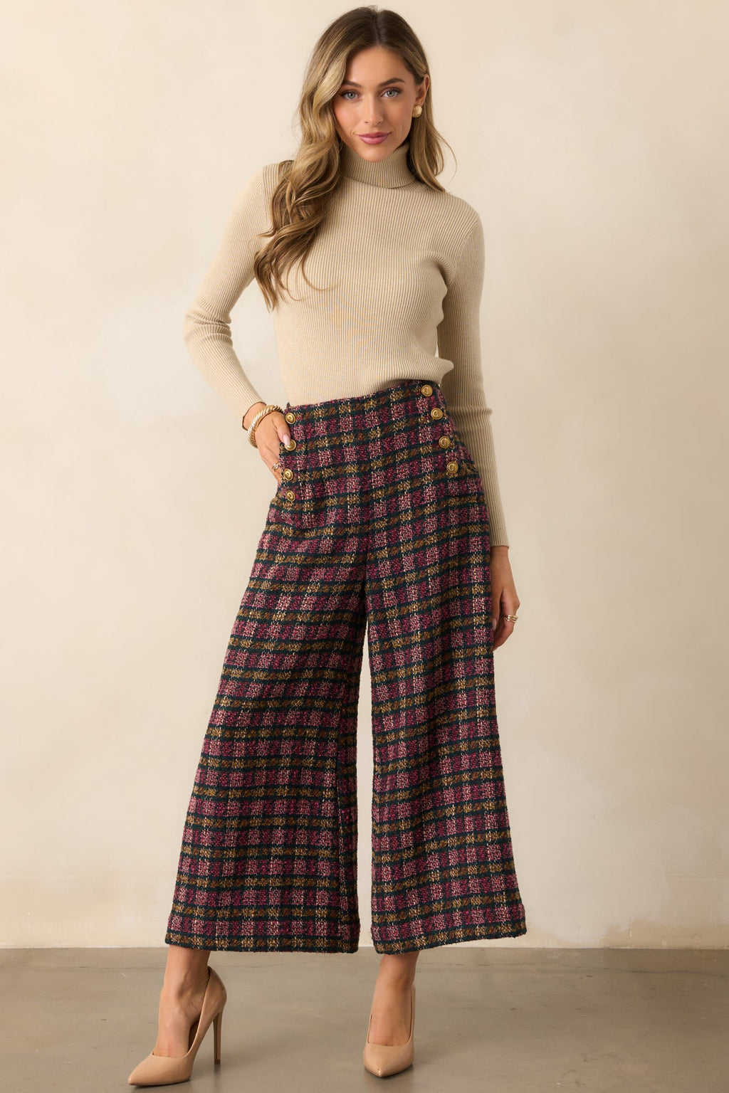 Prosperina Dietrich Pink Multi Plaid Tweed Pants