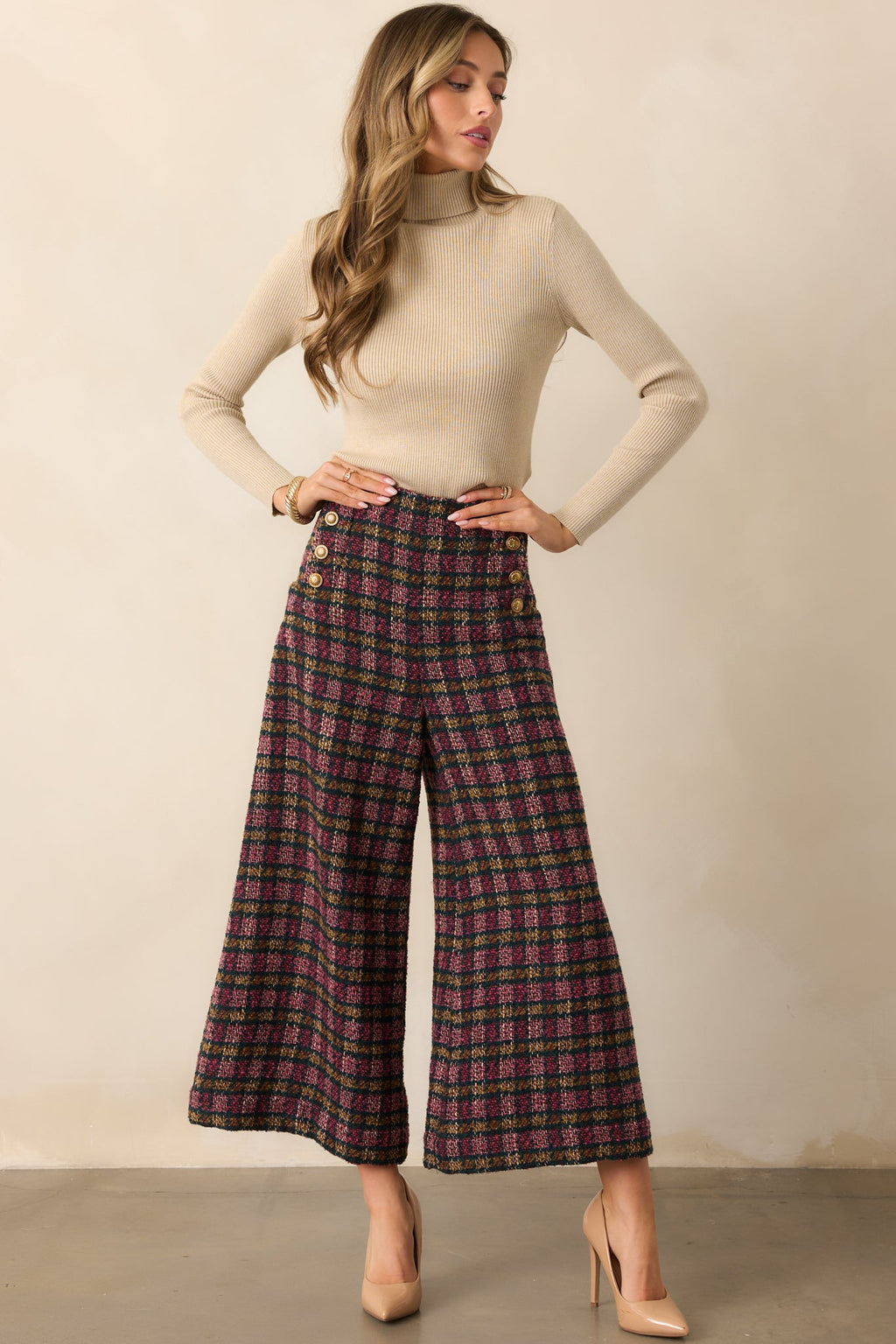 Prosperina Dietrich Pink Multi Plaid Tweed Pants