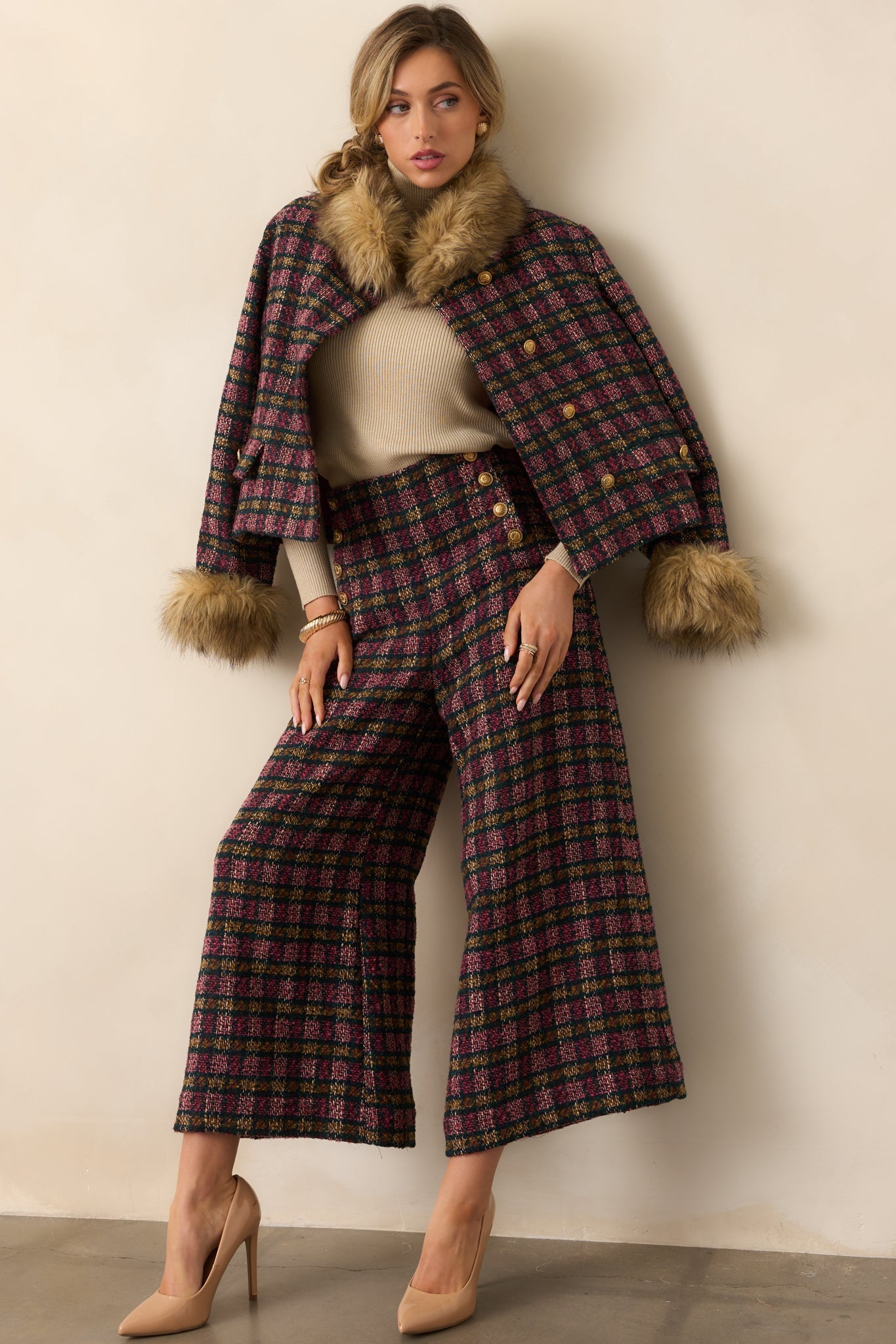Prosperina Dietrich Pink Multi Plaid Tweed Pants