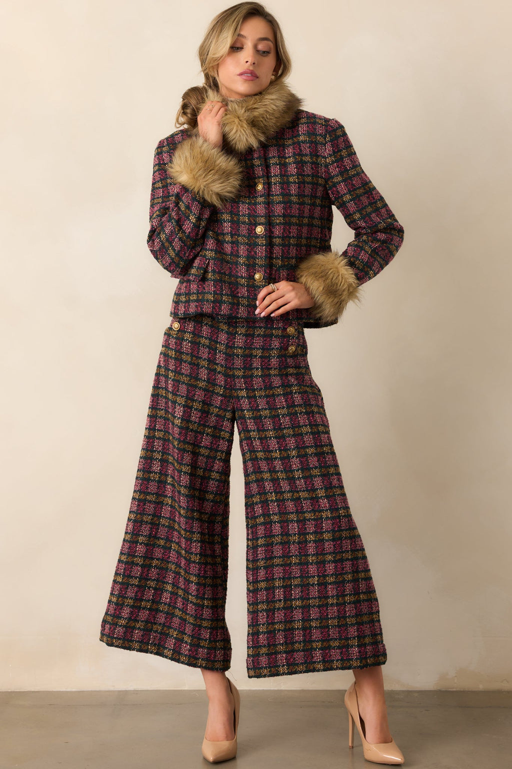 Prosperina Dietrich Pink Multi Plaid Tweed Pants
