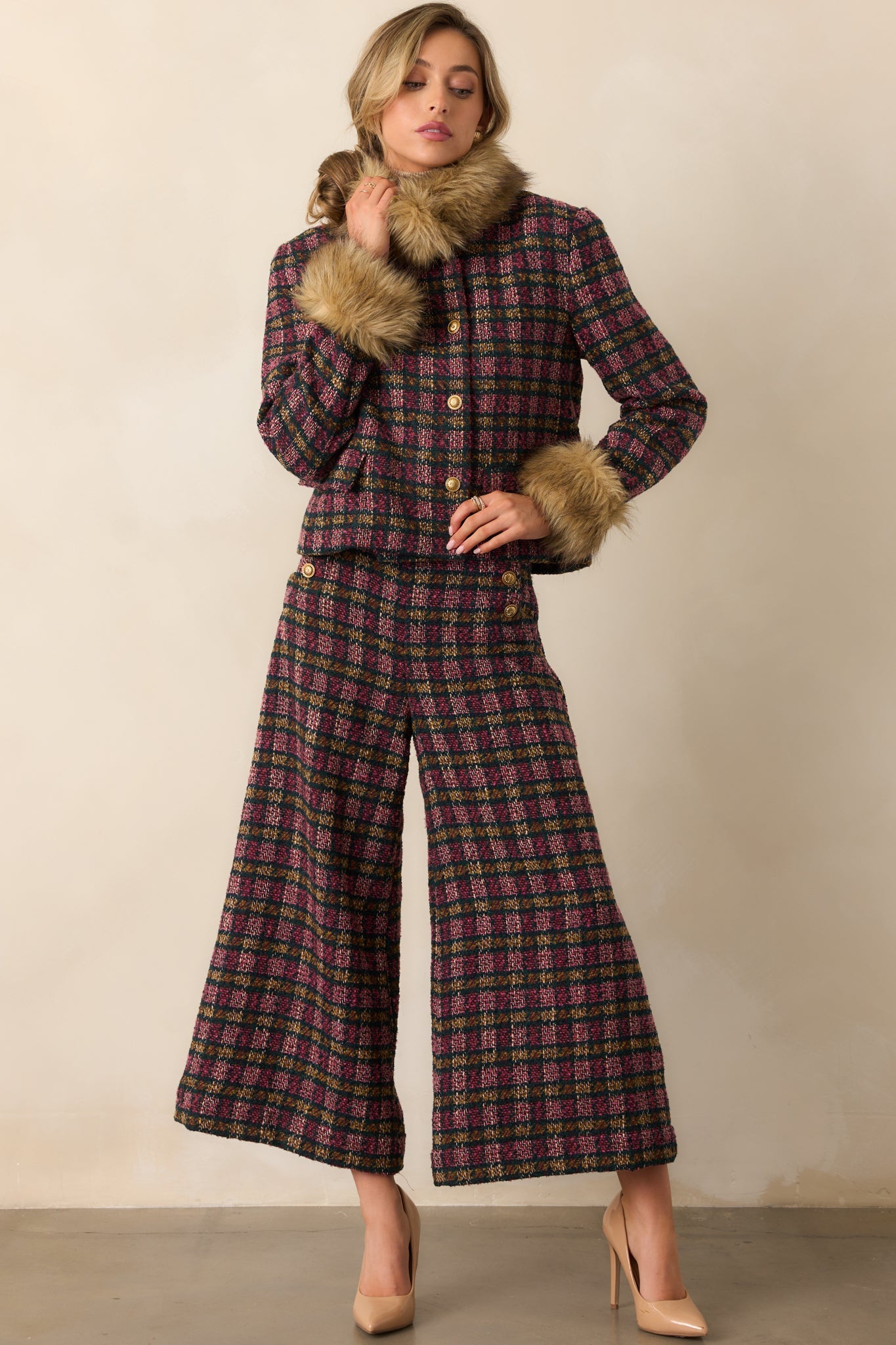 Prosperina Dietrich Pink Multi Plaid Tweed Pants