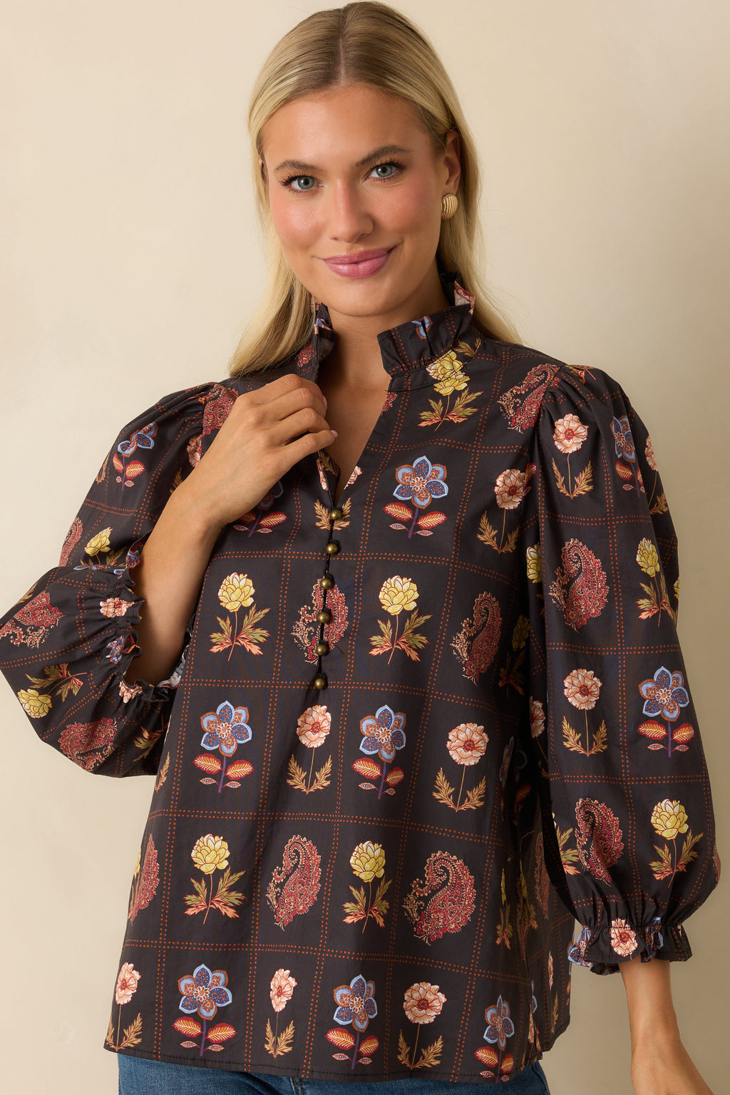 Everything’s Blooming Black Multi Floral Cotton Puff Sleeve Blouse