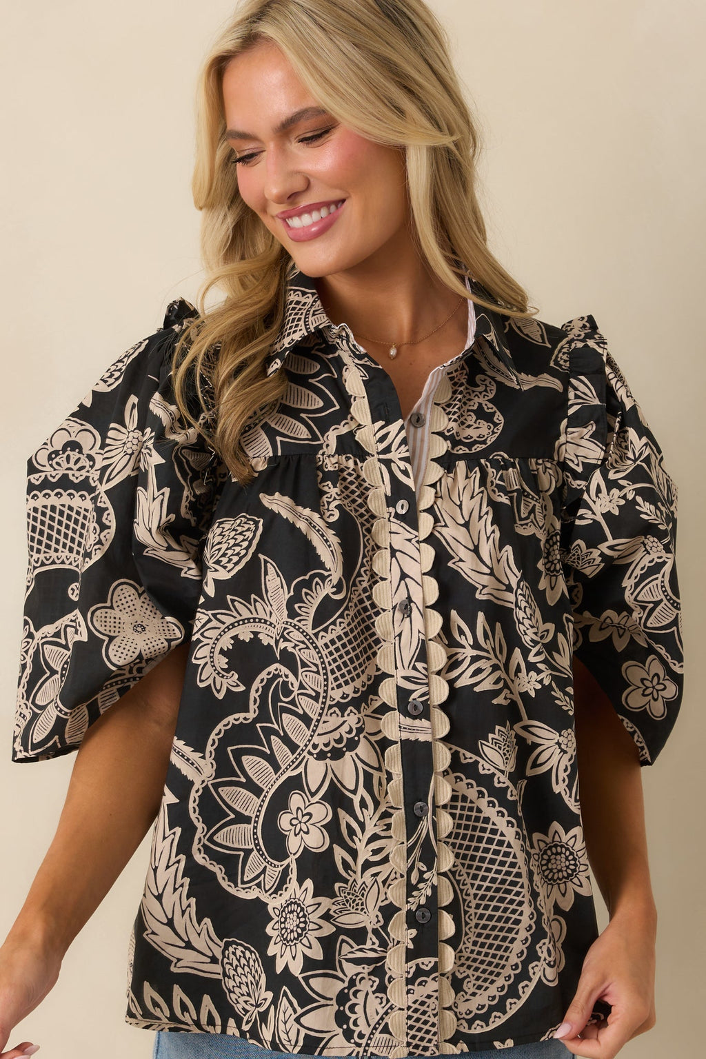 End Of Story Black Multi Paisley Floral Print Cotton Blouse